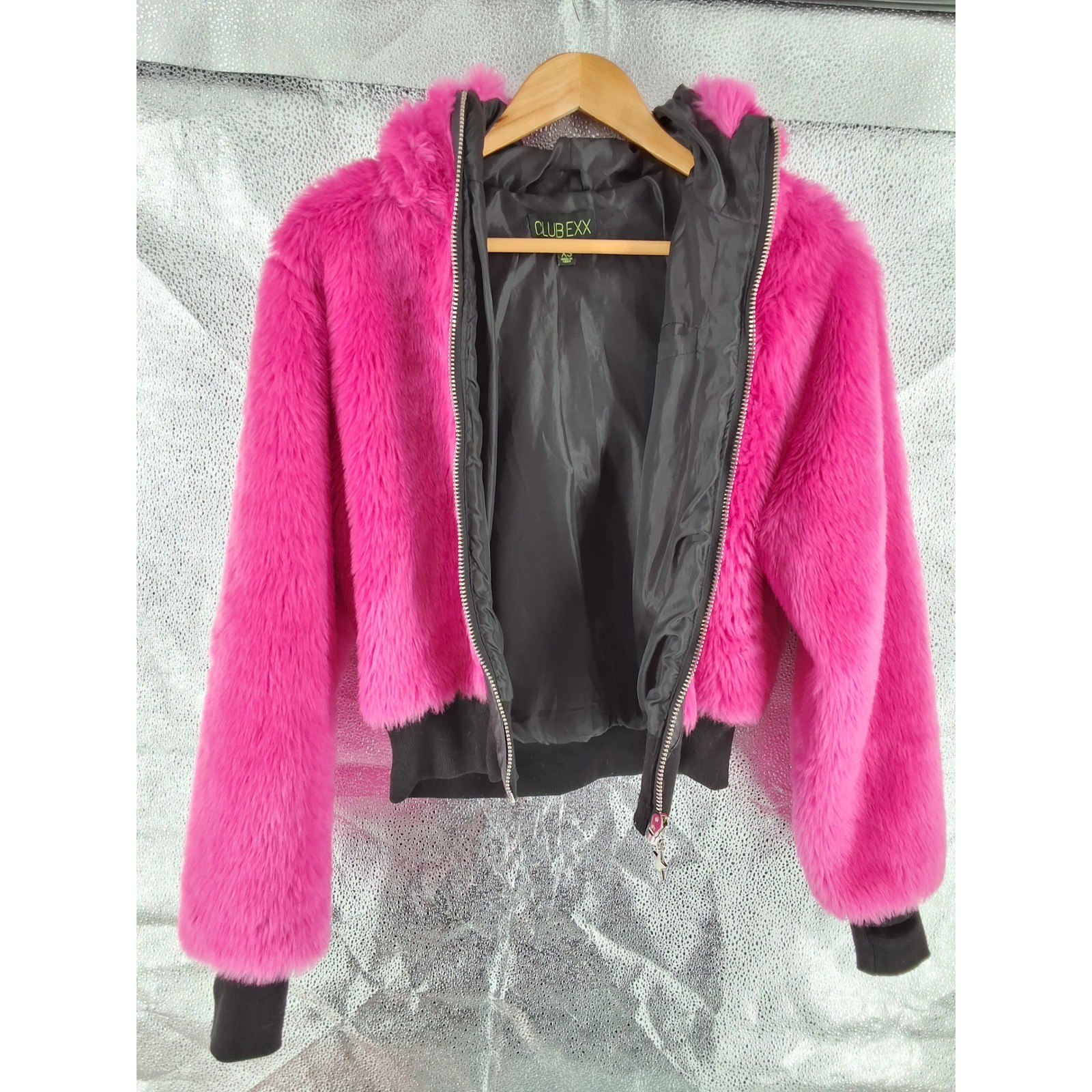 Club Exx Dolls Kill Pink Faux Fur Hooded Cropped Bomber Jacket XS - View 6