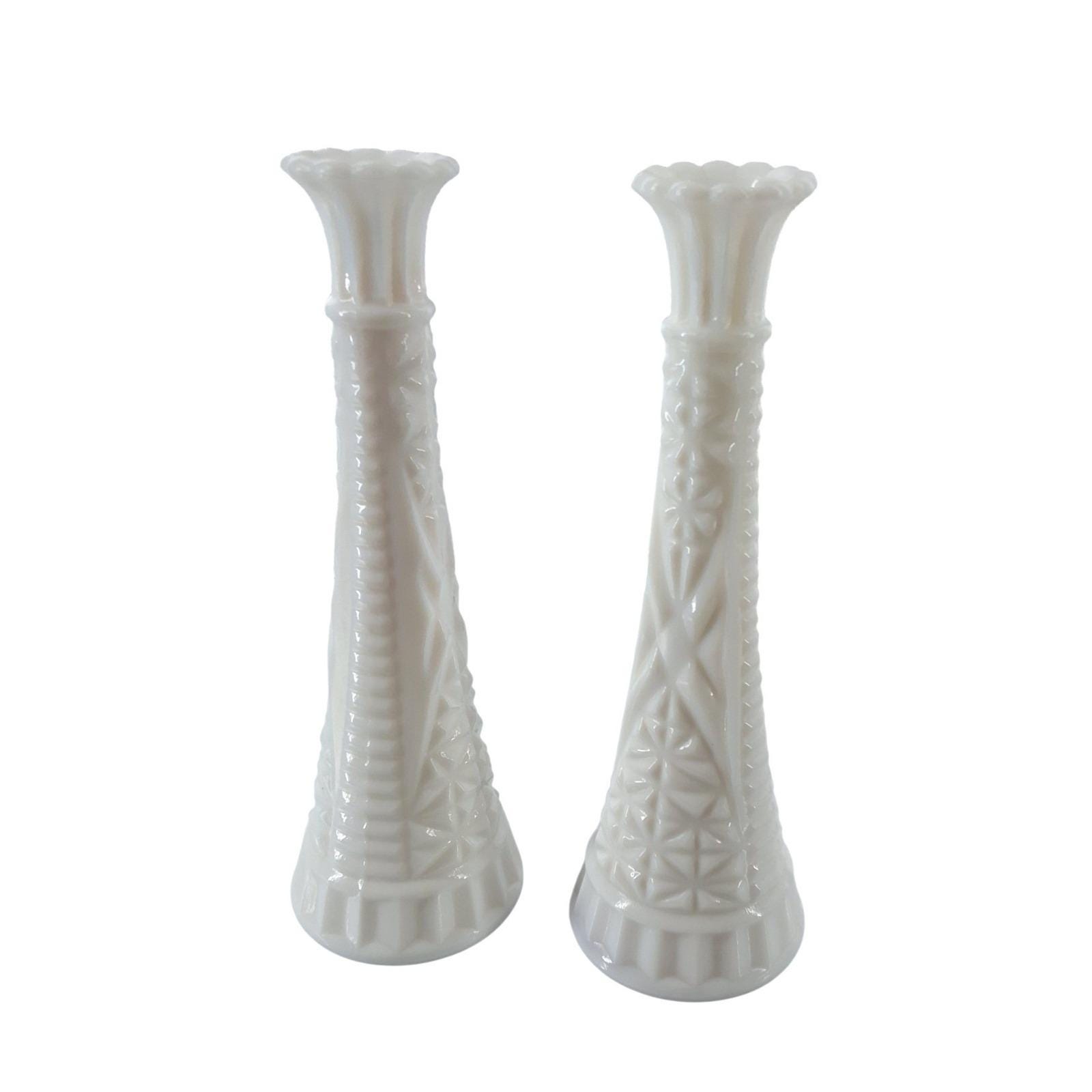 Vintage Anchor Hocking Milk Glass Stars and Bars Bud Vase Set of 2 White 9 inch