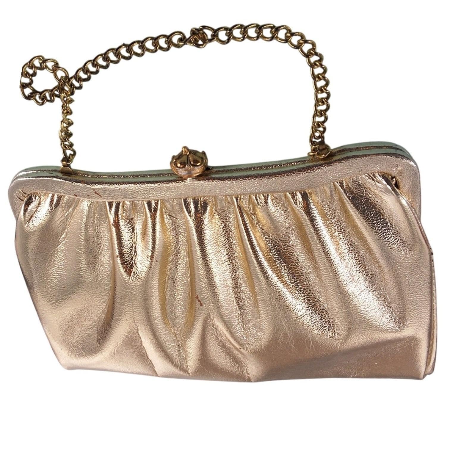 Vintage Gold Satin Ruched Evening Clutch | Champagne Kiss Lock Purse