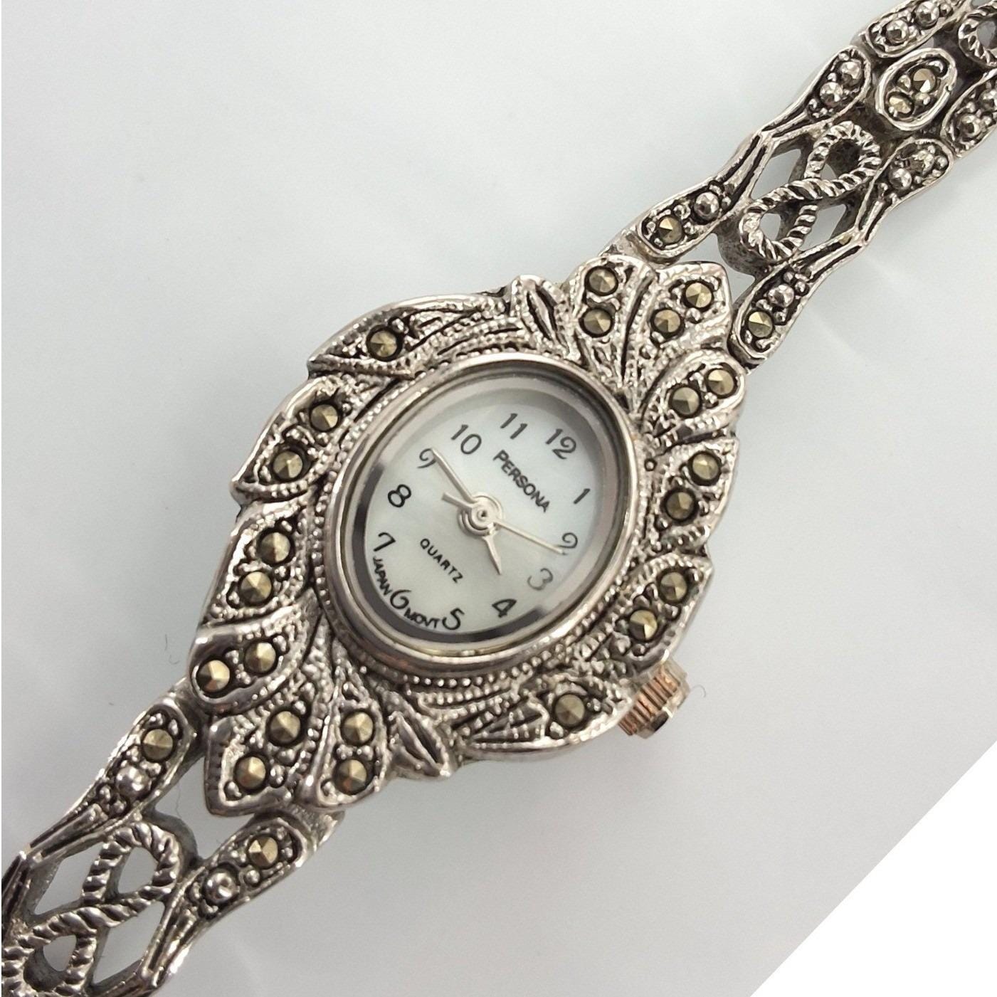 Persona Vintage Marcasite Silver Tone Filigree Oval Dial Quartz Bracelet Watch