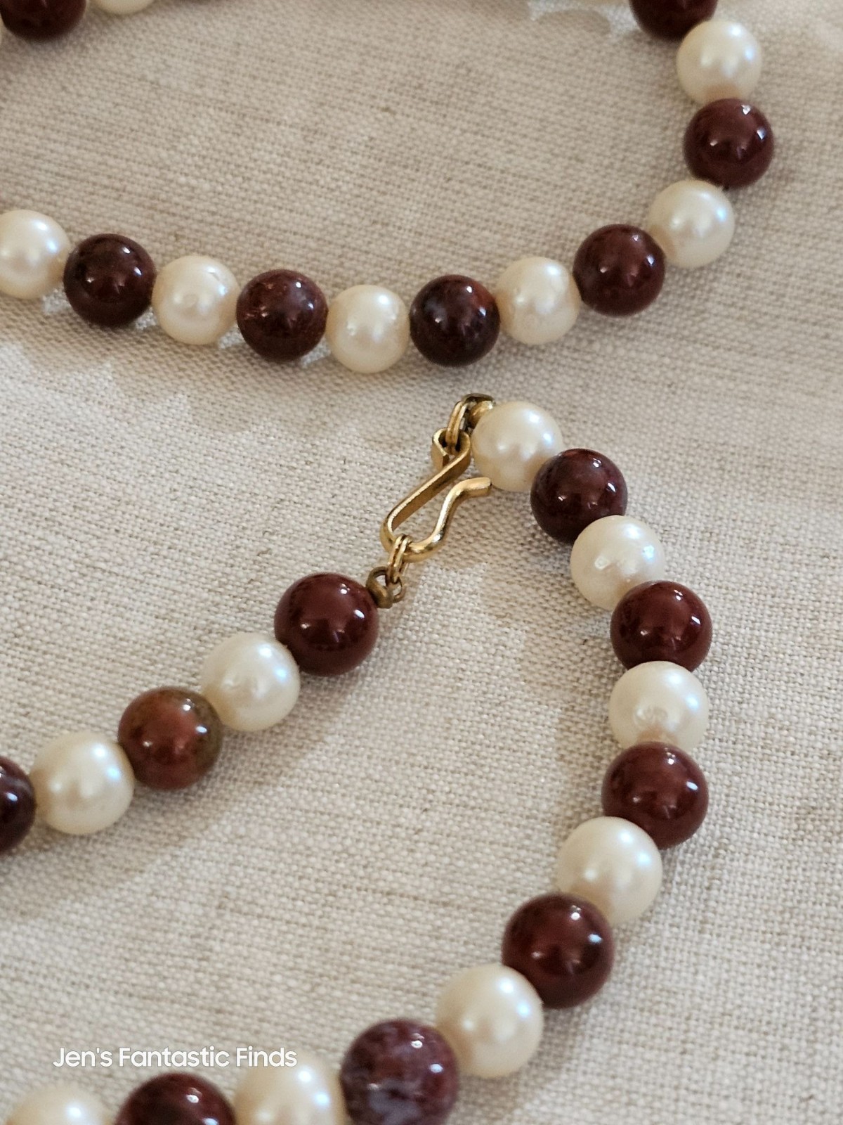 Vintage Pearl & Red Ocean Jasper Beaded Necklace 24 Inches Gold Clasp