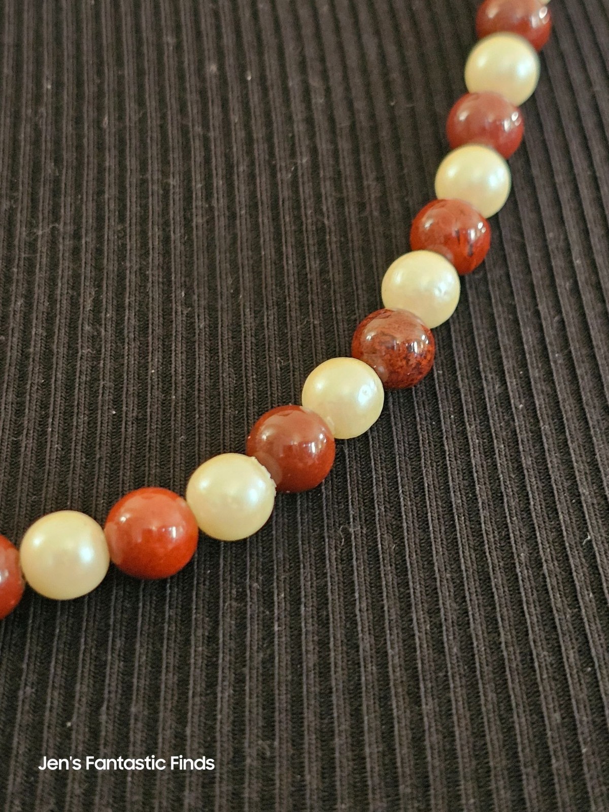 Vintage Pearl & Red Ocean Jasper Beaded Necklace 24 Inches Gold Clasp - View 3