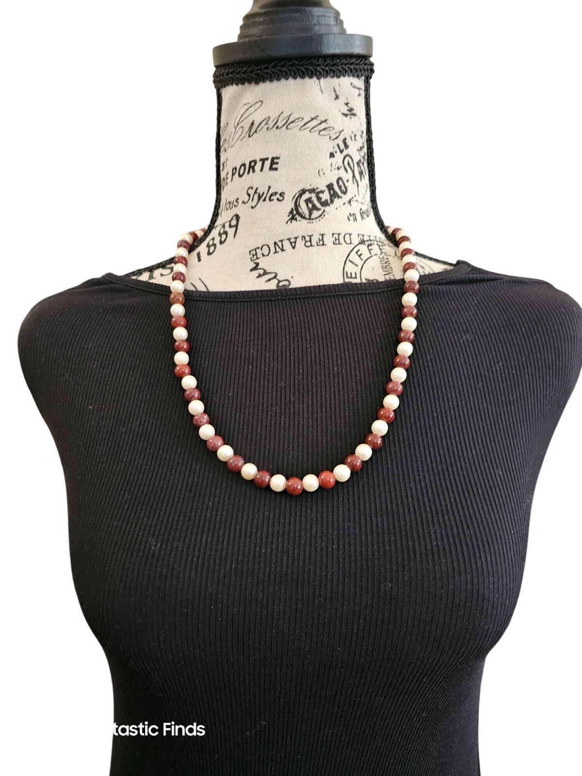 Vintage Pearl & Red Ocean Jasper Beaded Necklace 24 Inches Gold Clasp - View 6