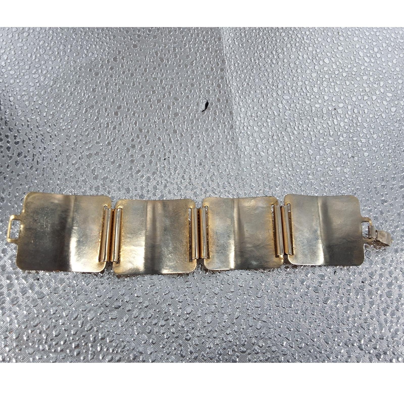 Vintage 1970s Brutalist Tiger's Eye 5-Panel Link Bracelet Gold Tone 8" - View 8