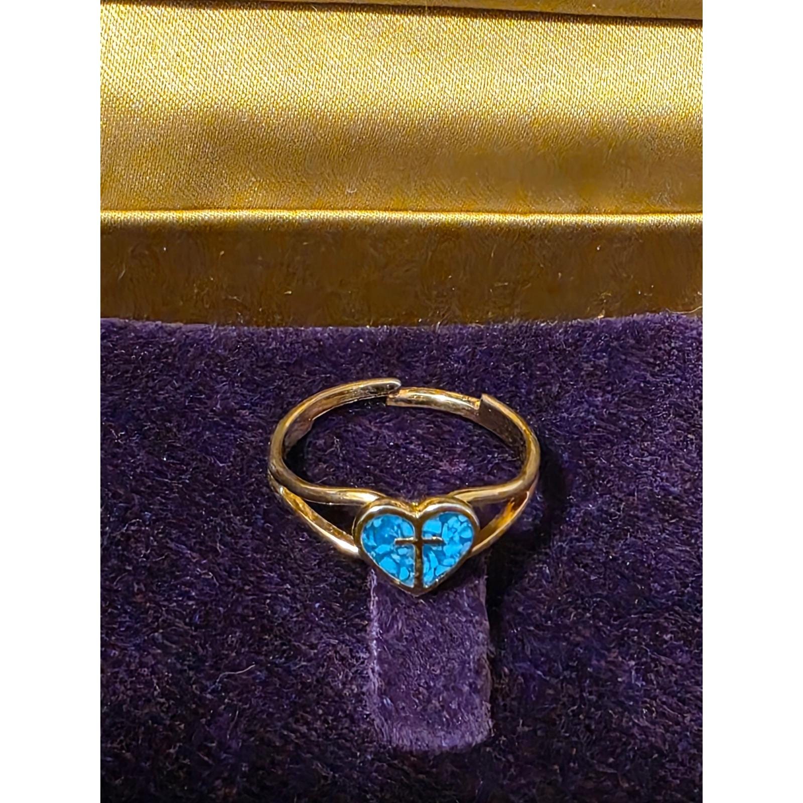 Vintage Style Gold Tone Adjustable Ring Turquoise Heart Cross Faith Jewelry
