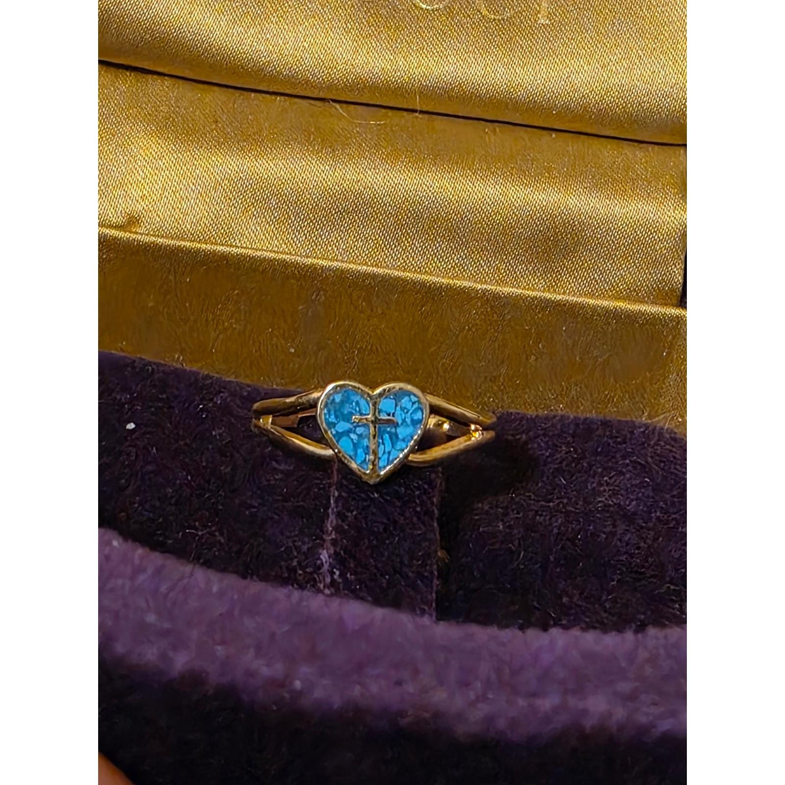 Vintage Style Gold Tone Adjustable Ring Turquoise Heart Cross Faith Jewelry
