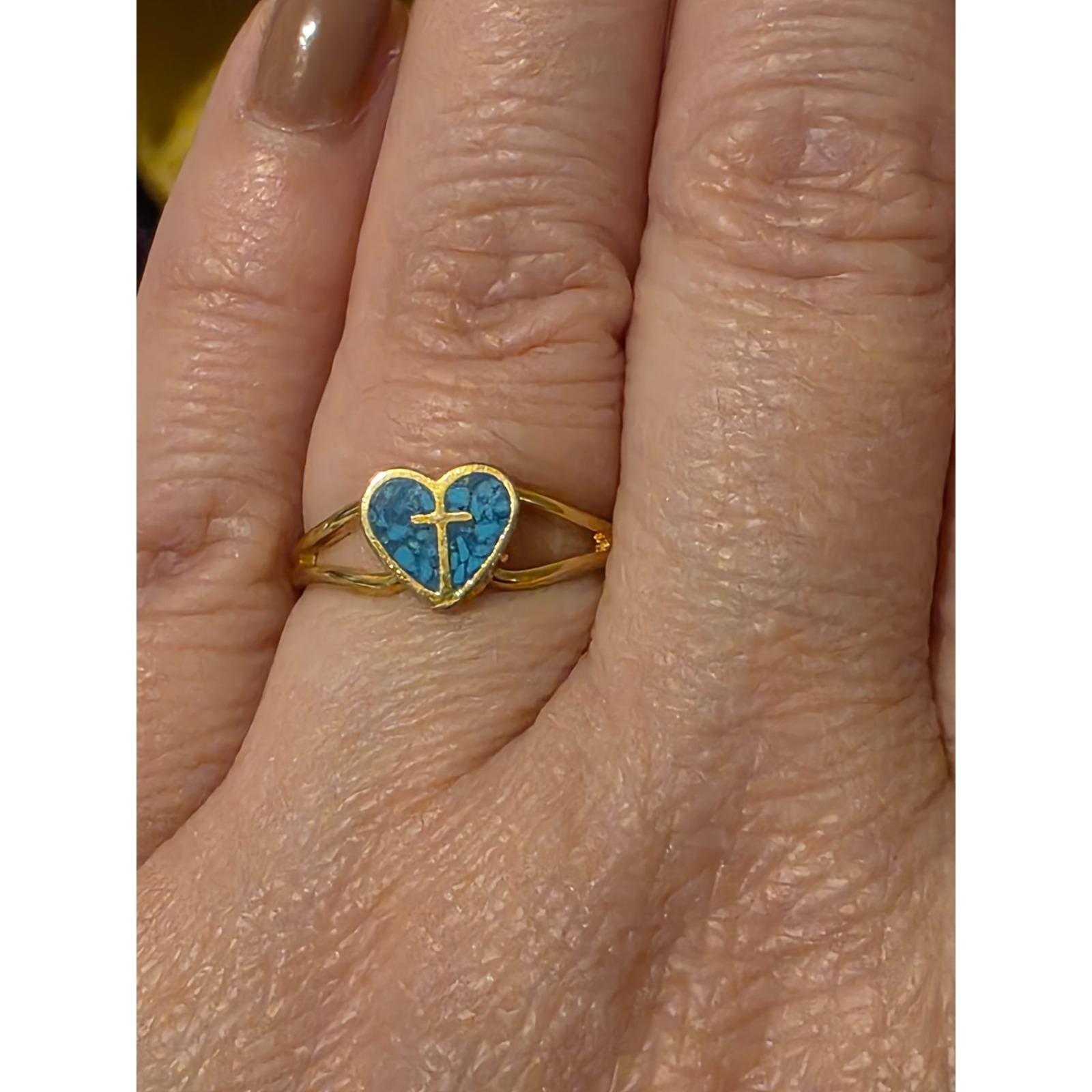 Vintage Style Gold Tone Adjustable Ring Turquoise Heart Cross Faith Jewelry - View 7