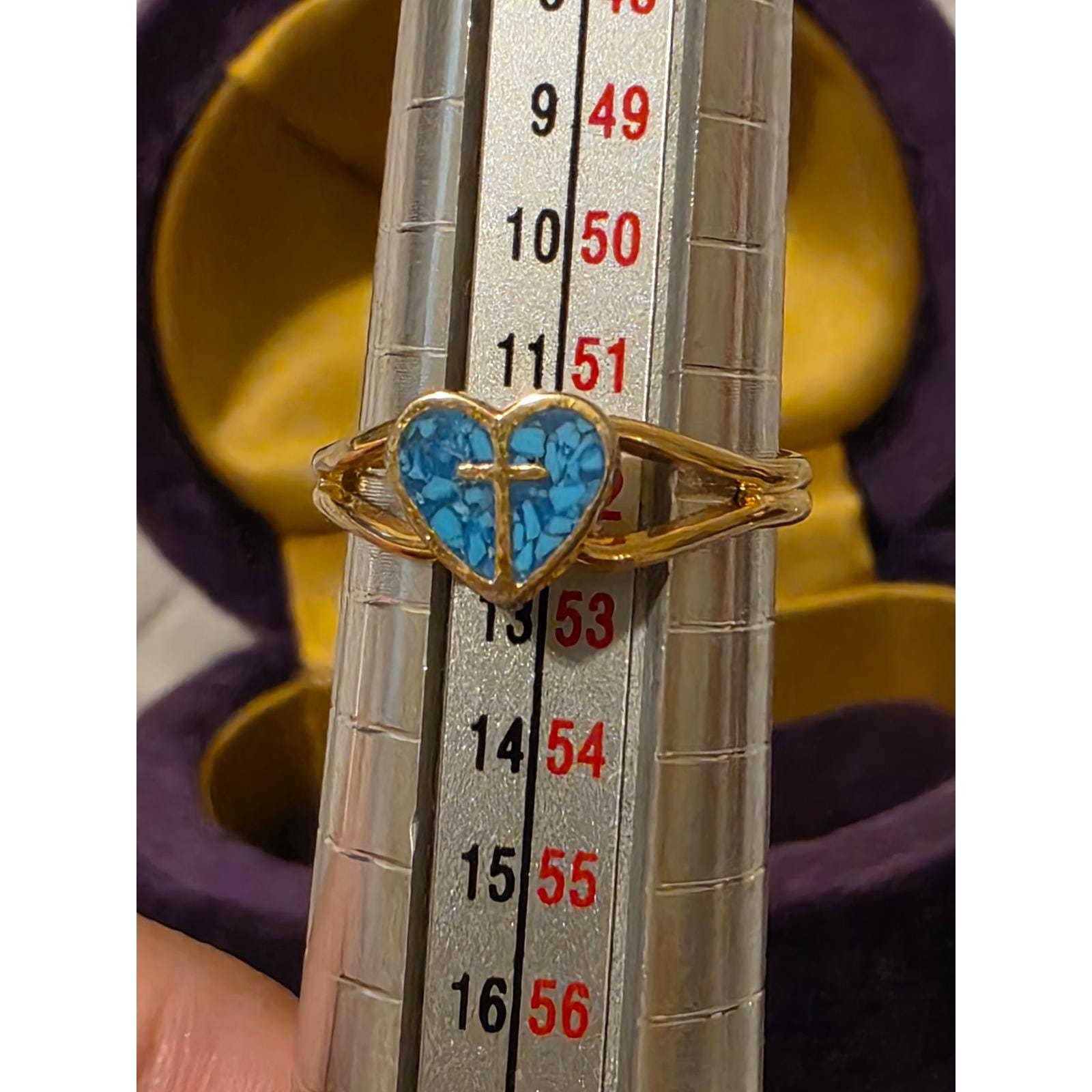 Vintage Style Gold Tone Adjustable Ring Turquoise Heart Cross Faith Jewelry - View 9