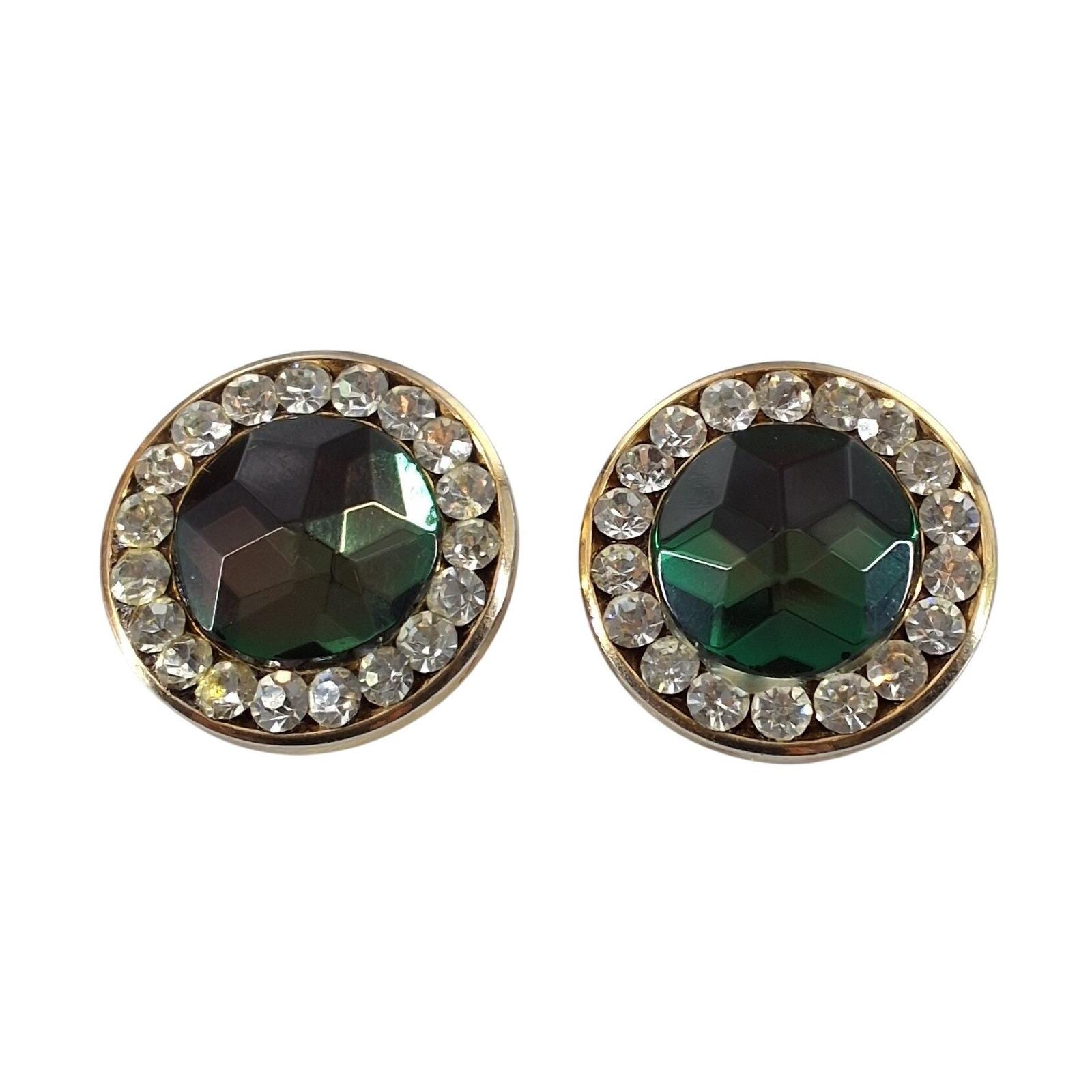 Vintage Gold Tone Emerald Green Glass Rhinestone Halo Clip On Earrings