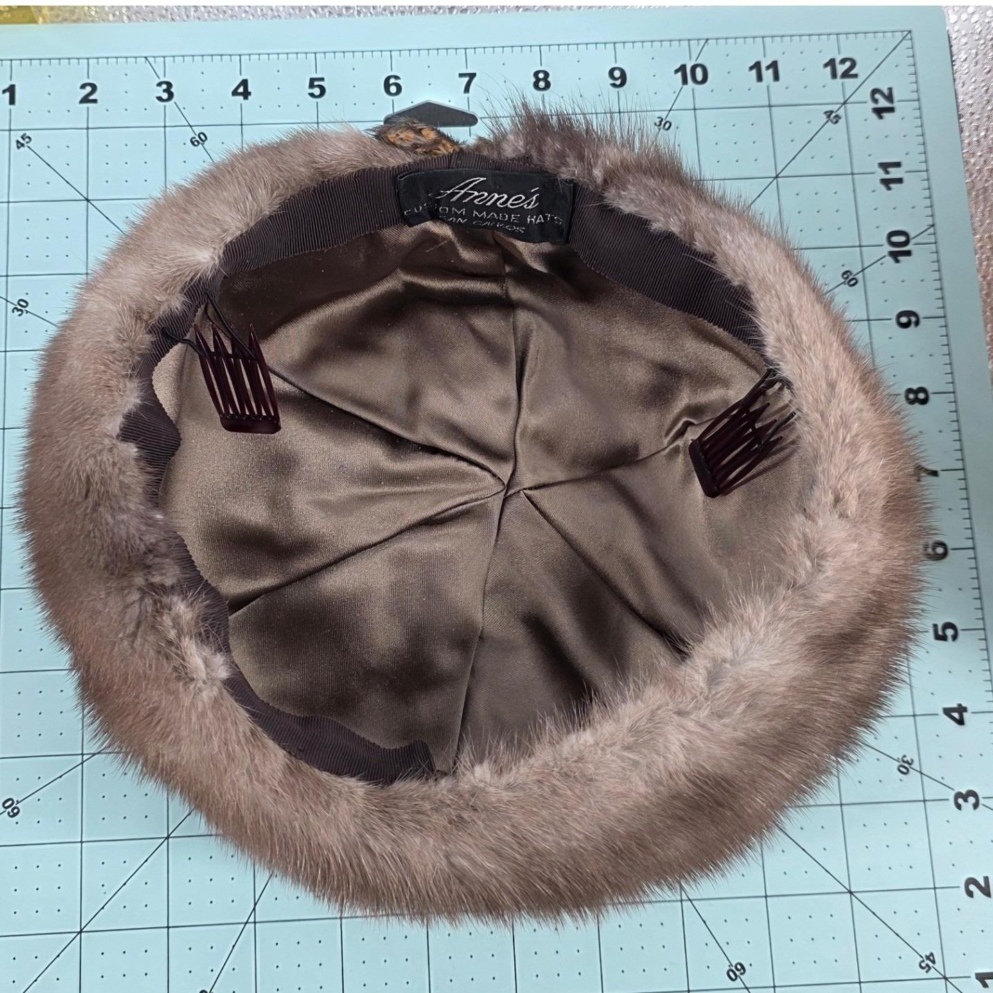 Anne's Vintage Mink Fur Pillbox Hat Brown Satin Bow Mid-Century Custom Millinery