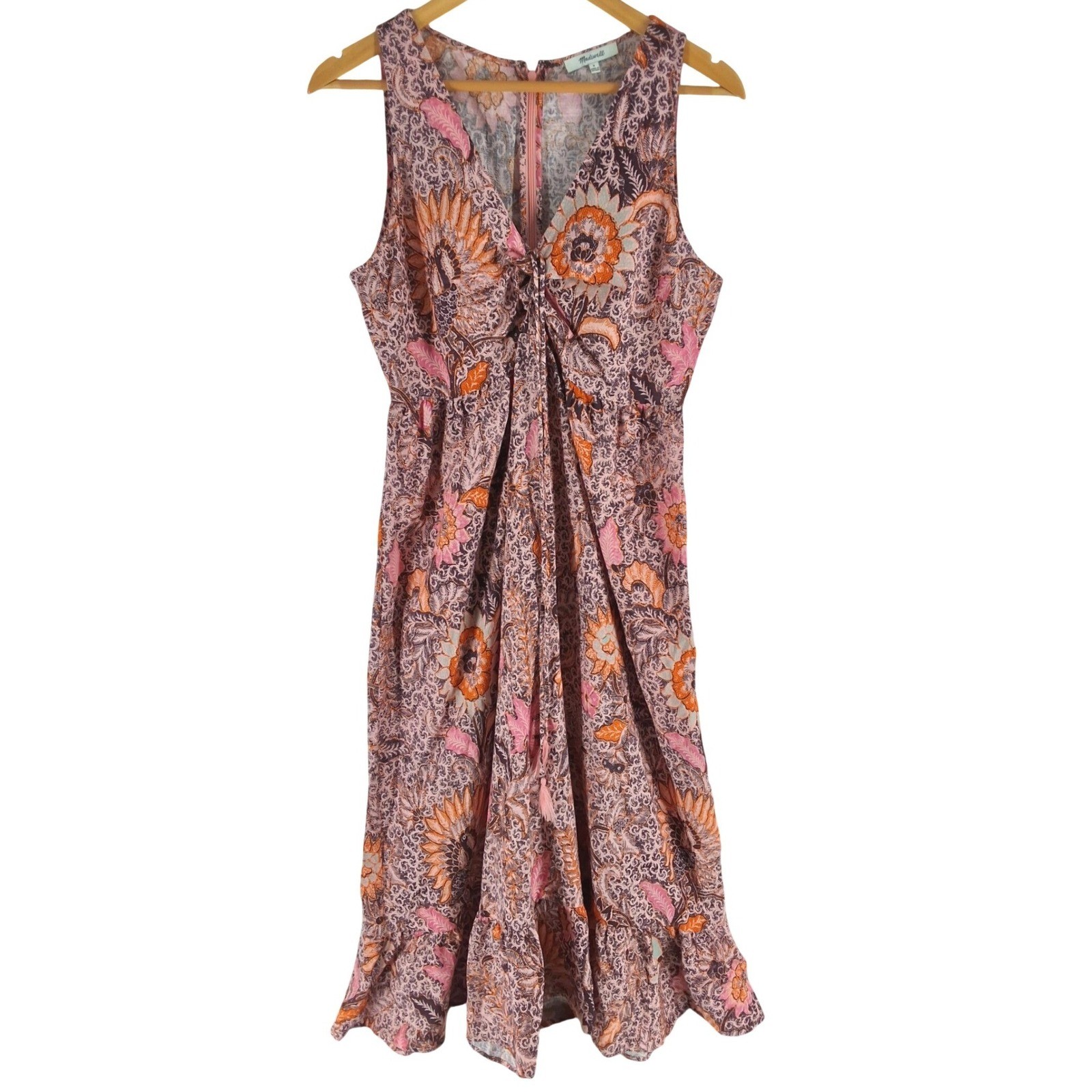 Madewell Bali Blooms Lace Up Ruffle Hem Midi Dress Size 8 Cotton Blend AO273
