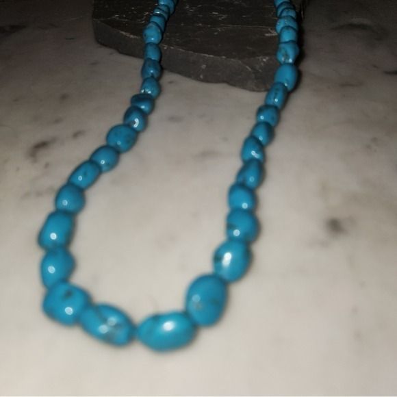 Vintage Blue Turquoise Nugget Bead Necklace Chunky Southwestern Boho Strand - View 3