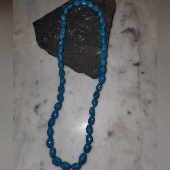 Vintage Blue Turquoise Nugget Bead Necklace Chunky Southwestern Boho Strand - View 4