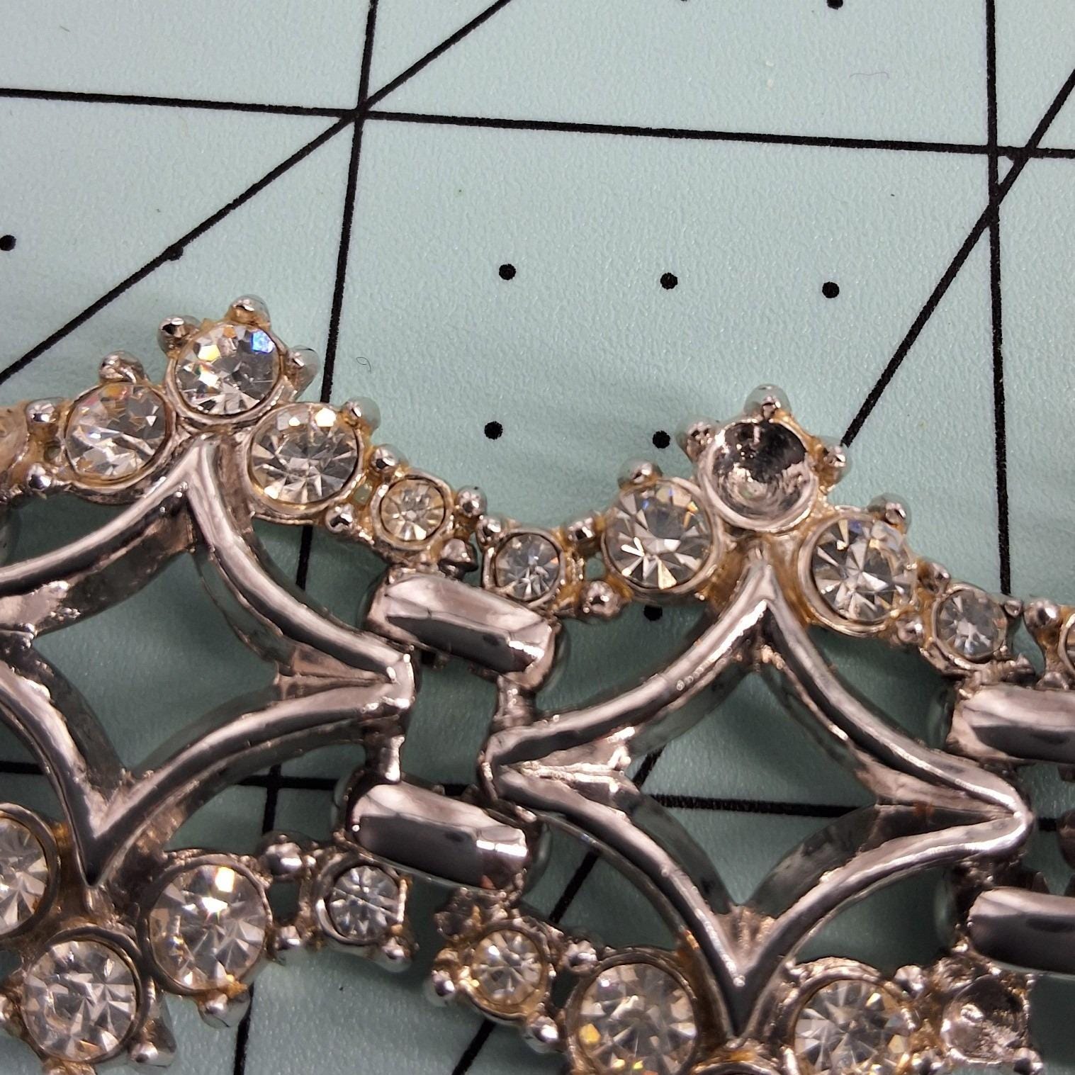Vintage Silver Tone Rhinestone Geometric Link Bracelet Art Deco 1950s - View 6