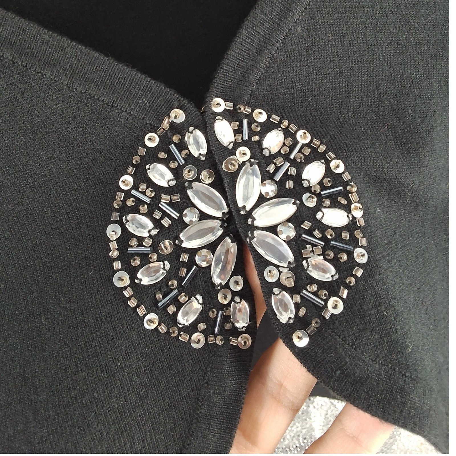 George Black Cropped Cardigan Rhinestone Medallion Bolero Shrug Sweater S - View 4