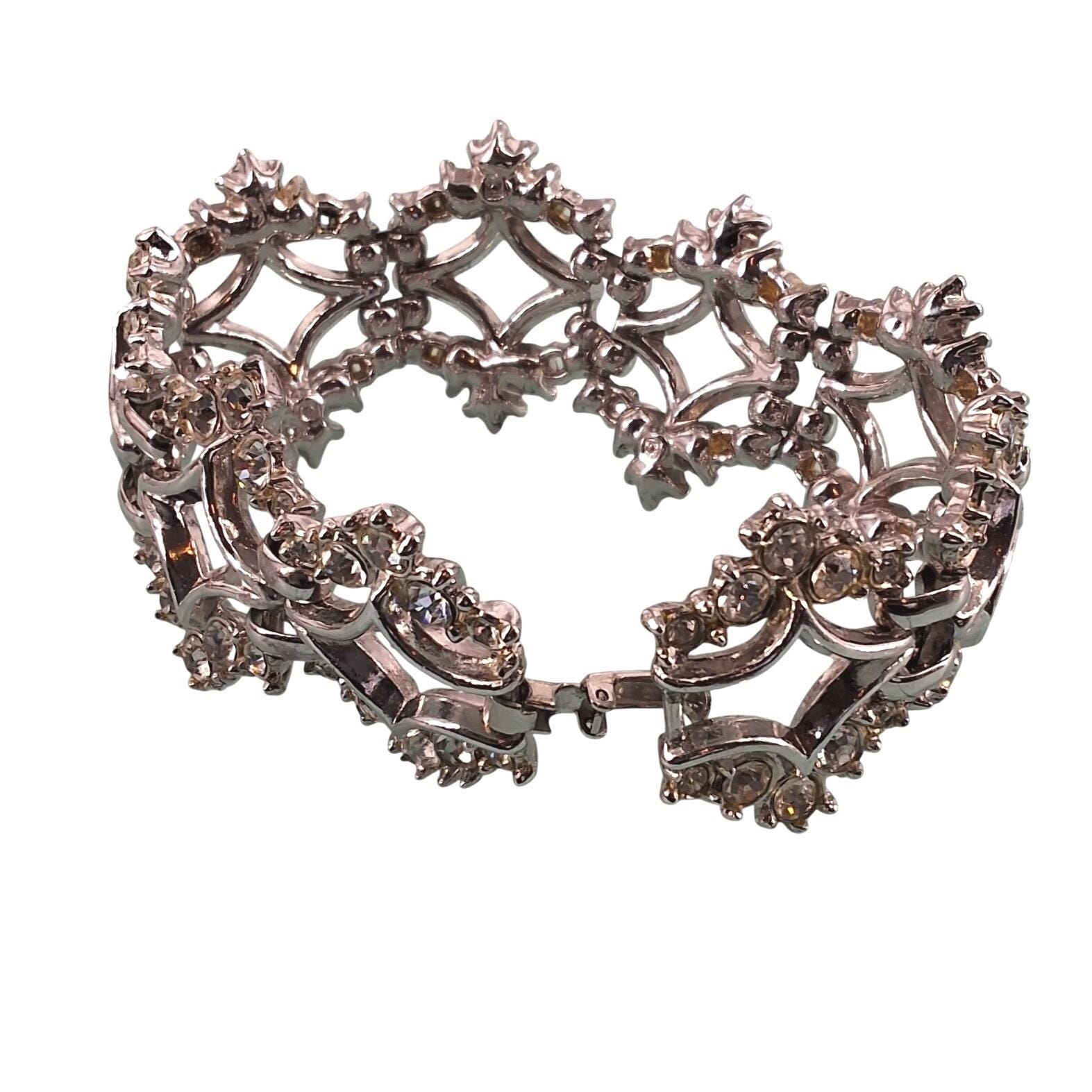 Vintage Silver Tone Rhinestone Geometric Link Bracelet Art Deco 1950s