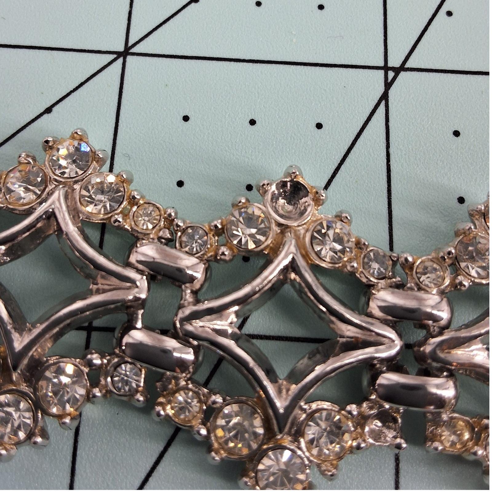 Vintage Silver Tone Rhinestone Geometric Link Bracelet Art Deco 1950s - View 4