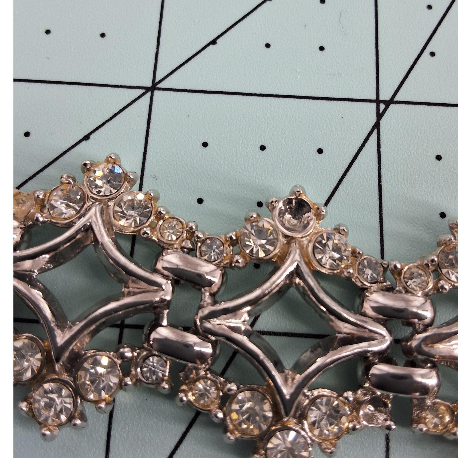 Vintage Silver Tone Rhinestone Geometric Link Bracelet Art Deco 1950s - View 5