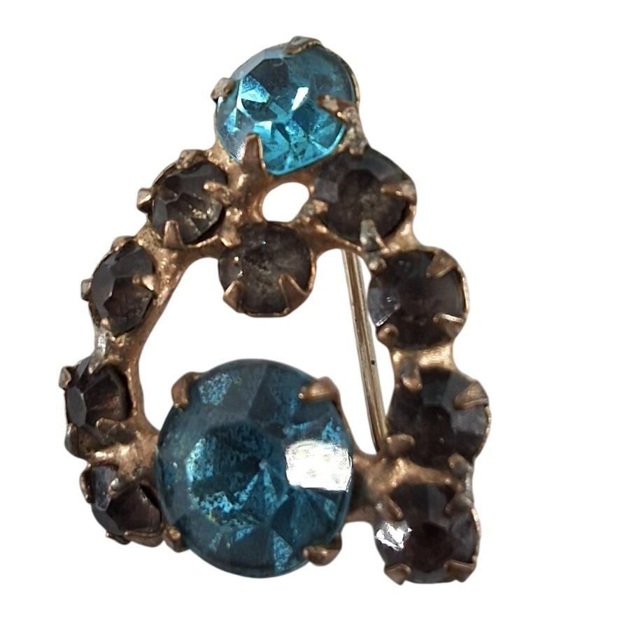 Vintage 1960s Gold Tone Blue Smoky Grey Rhinestone Abstract Cluster Brooch Pin