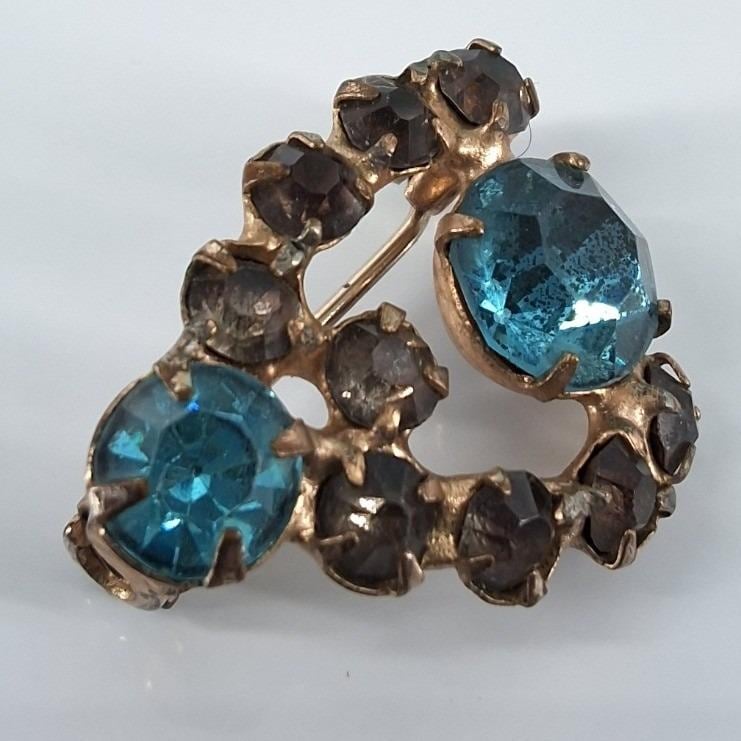 Vintage 1960s Gold Tone Blue Smoky Grey Rhinestone Abstract Cluster Brooch Pin