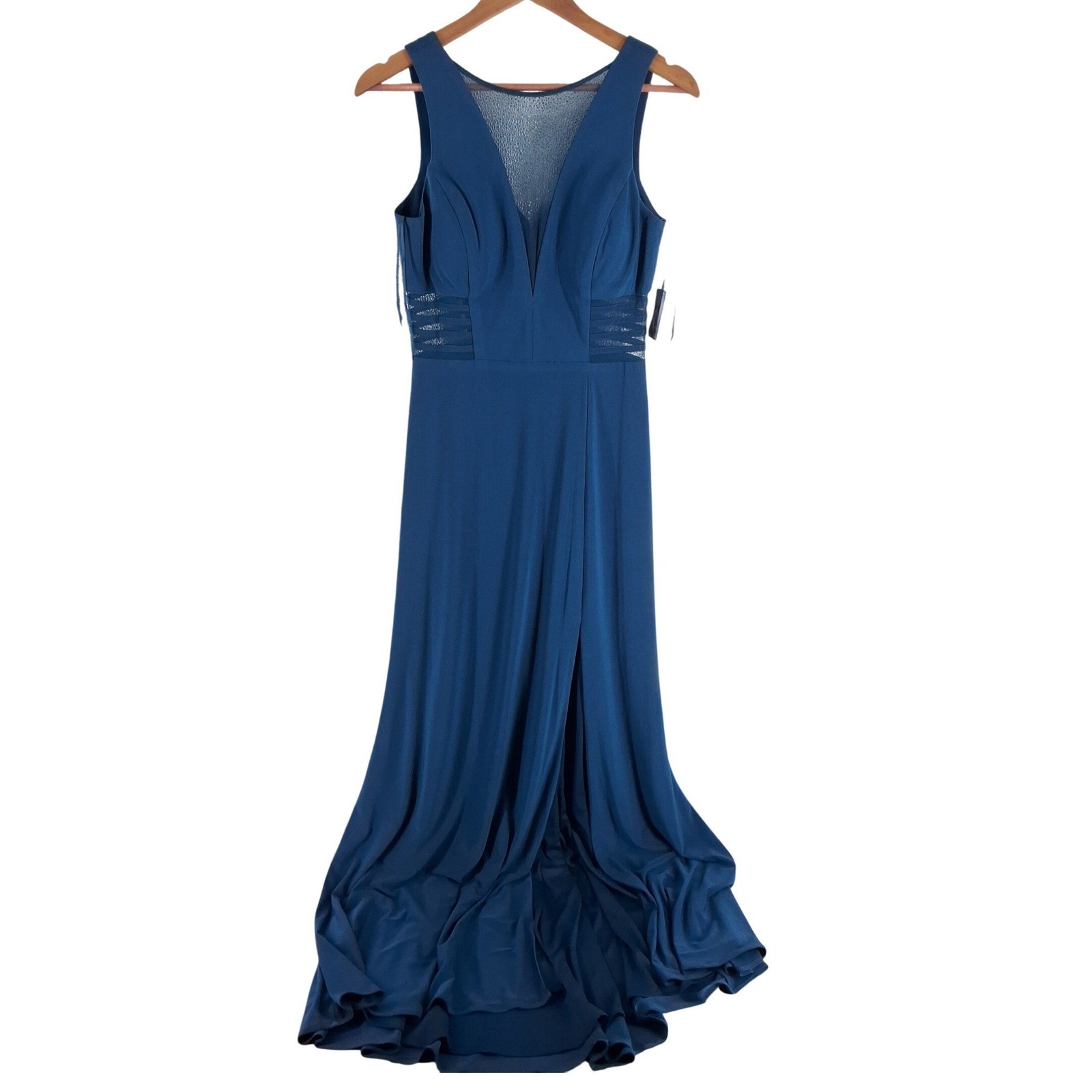 Morgan & Co Womens Peacock Blue Mesh V-Neck Formal Gown Dress 12173 Size 9/10 - View 7