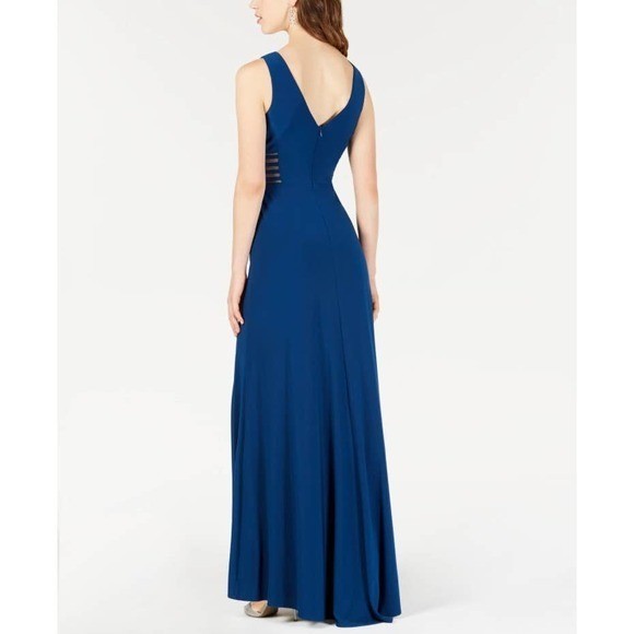 Morgan & Co Womens Peacock Blue Mesh V-Neck Formal Gown Dress 12173 Size 9/10 - View 8
