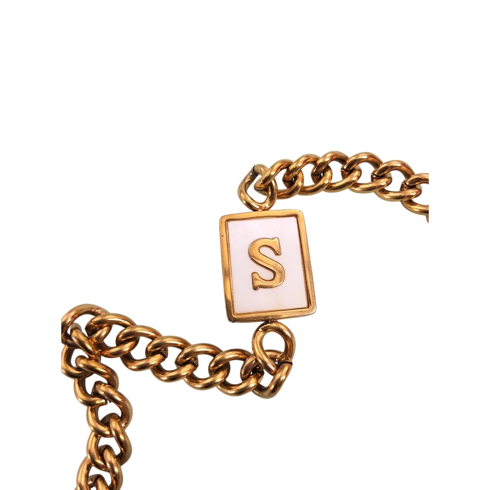 Anne Klein Gold Tone Initial S Curb Chain Bracelet White Enamel Charm Adjustable