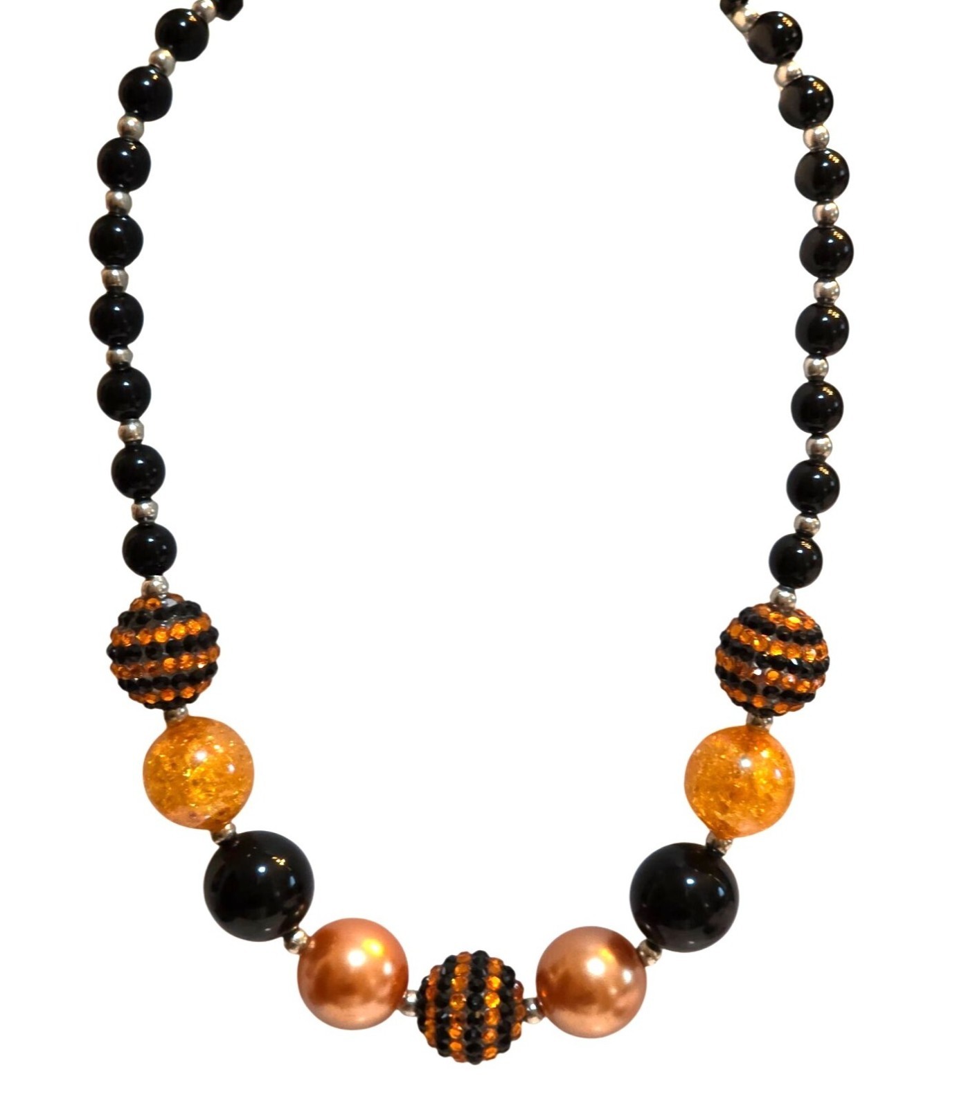 Black & Orange Beaded Halloween Statement Necklace With Adjustable Chain 20-22"
