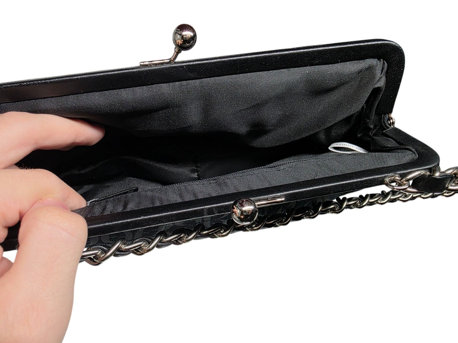 Fossil Y2K Black Leather & Chain Jacquard Fabric Mini Purse Kiss-Lock Closure - View 4
