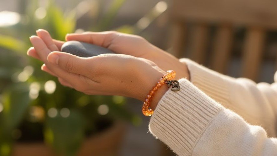 Aurora Borealis Beaded Stretch Bracelet Ohm Charm Yoga Jewelry Orange Brass