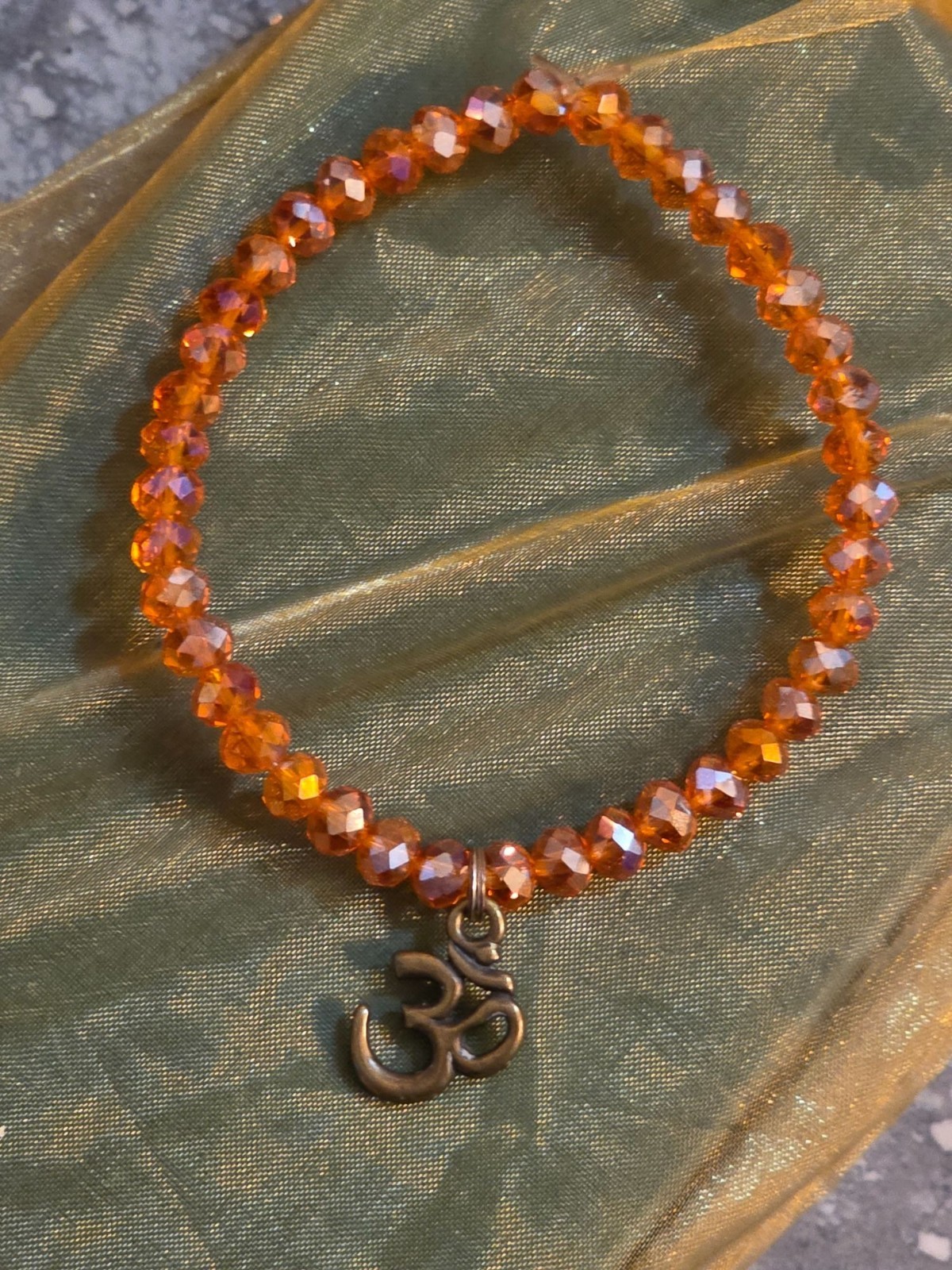 Aurora Borealis Beaded Stretch Bracelet Ohm Charm Yoga Jewelry Orange Brass