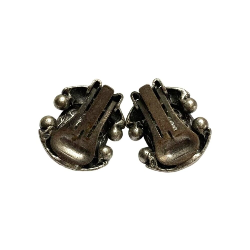 Vintage Brutalist Metal & Black Cabochon Clip Earrings - View 4