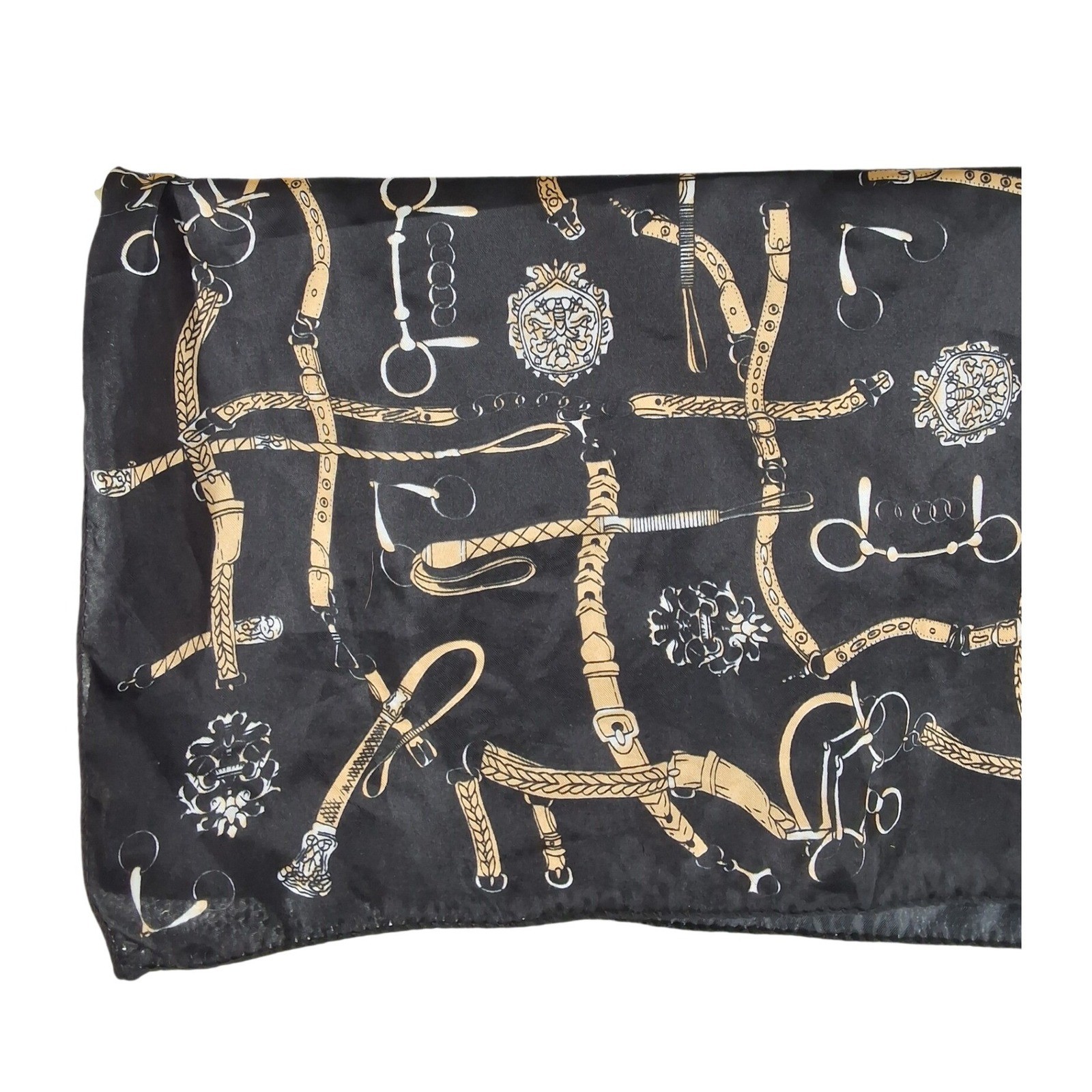 Vintage Equestrian Print Square Scarf Black Gold Horse Bit Buckle Motif