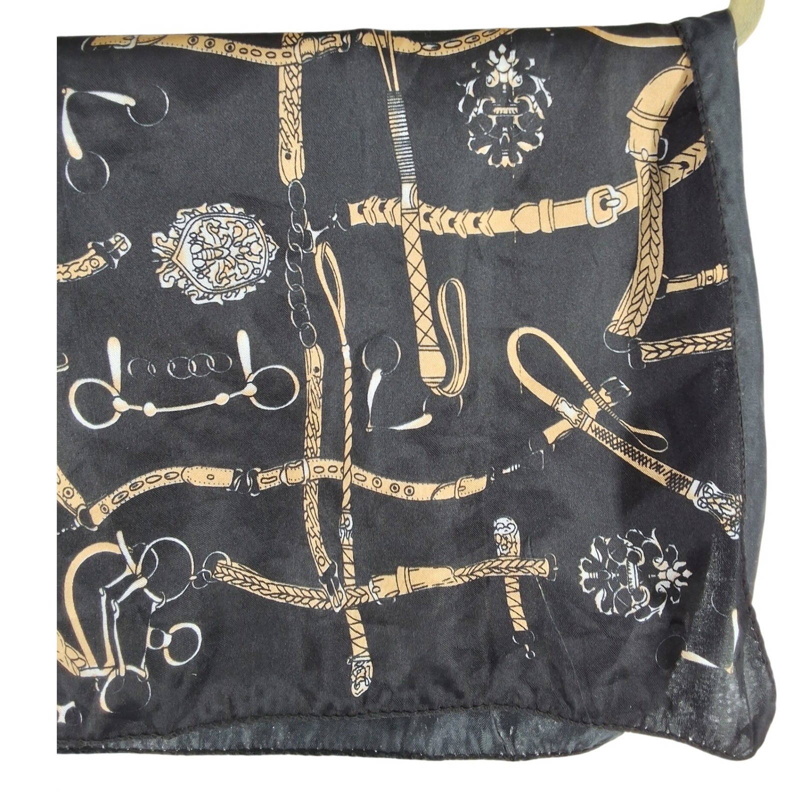 Vintage Equestrian Print Square Scarf Black Gold Horse Bit Buckle Motif - View 3