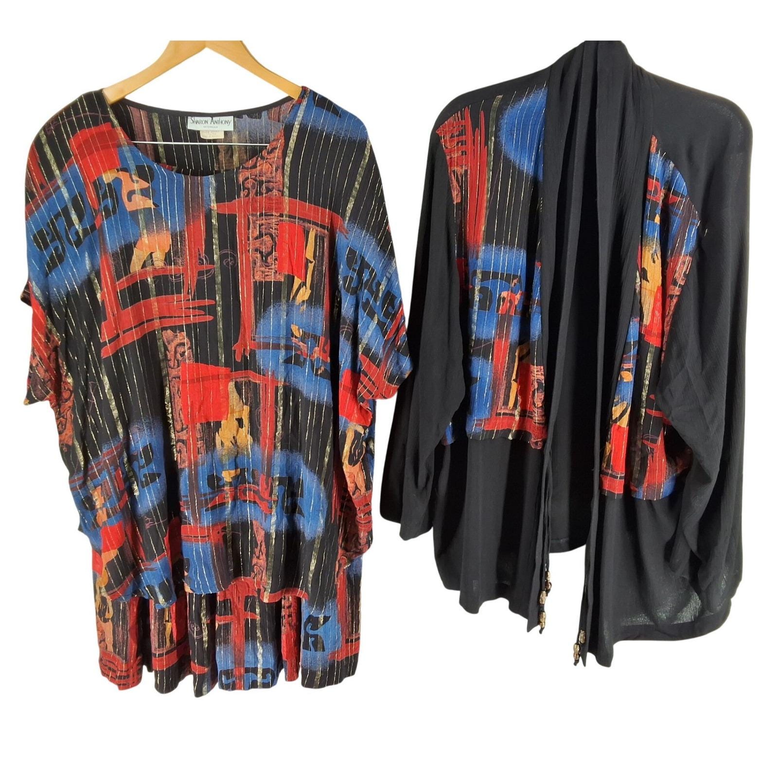 Sharon Anthony Woman 24W Vintage 3pc Skirt Set Abstract Gold Lurex Rayon USA