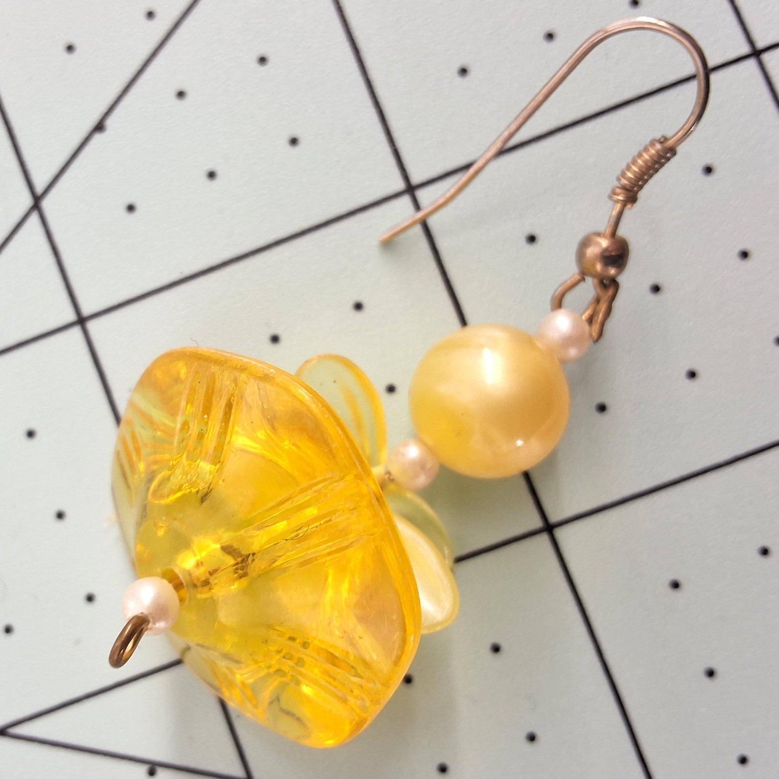 Yellow Carved Floral Resin Drop Earrings Gold Tone Hooks Vintage Style - View 4