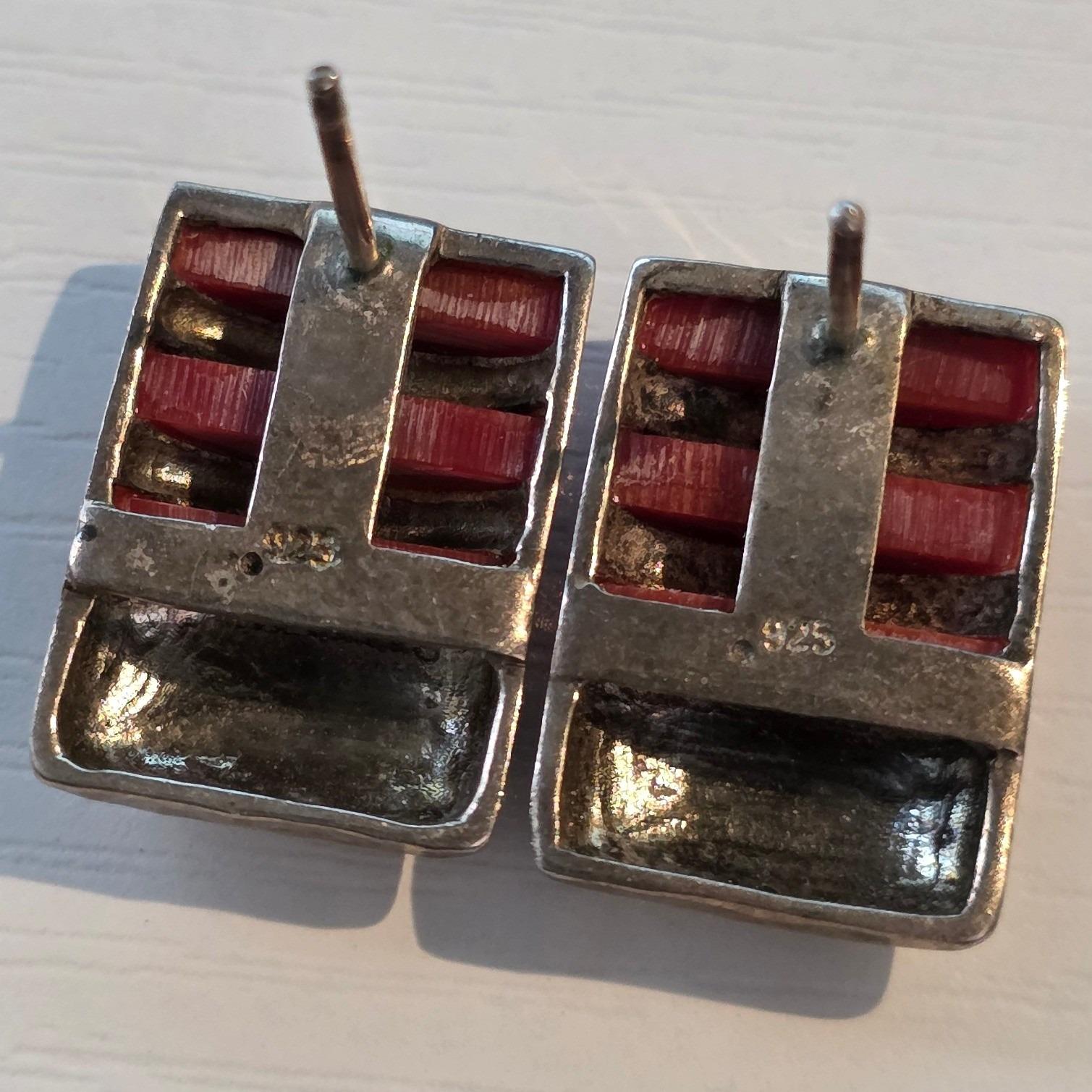 Southwestern 925 Silver Hammered Red Coral Inlay Rectangle Stud Earrings - View 6