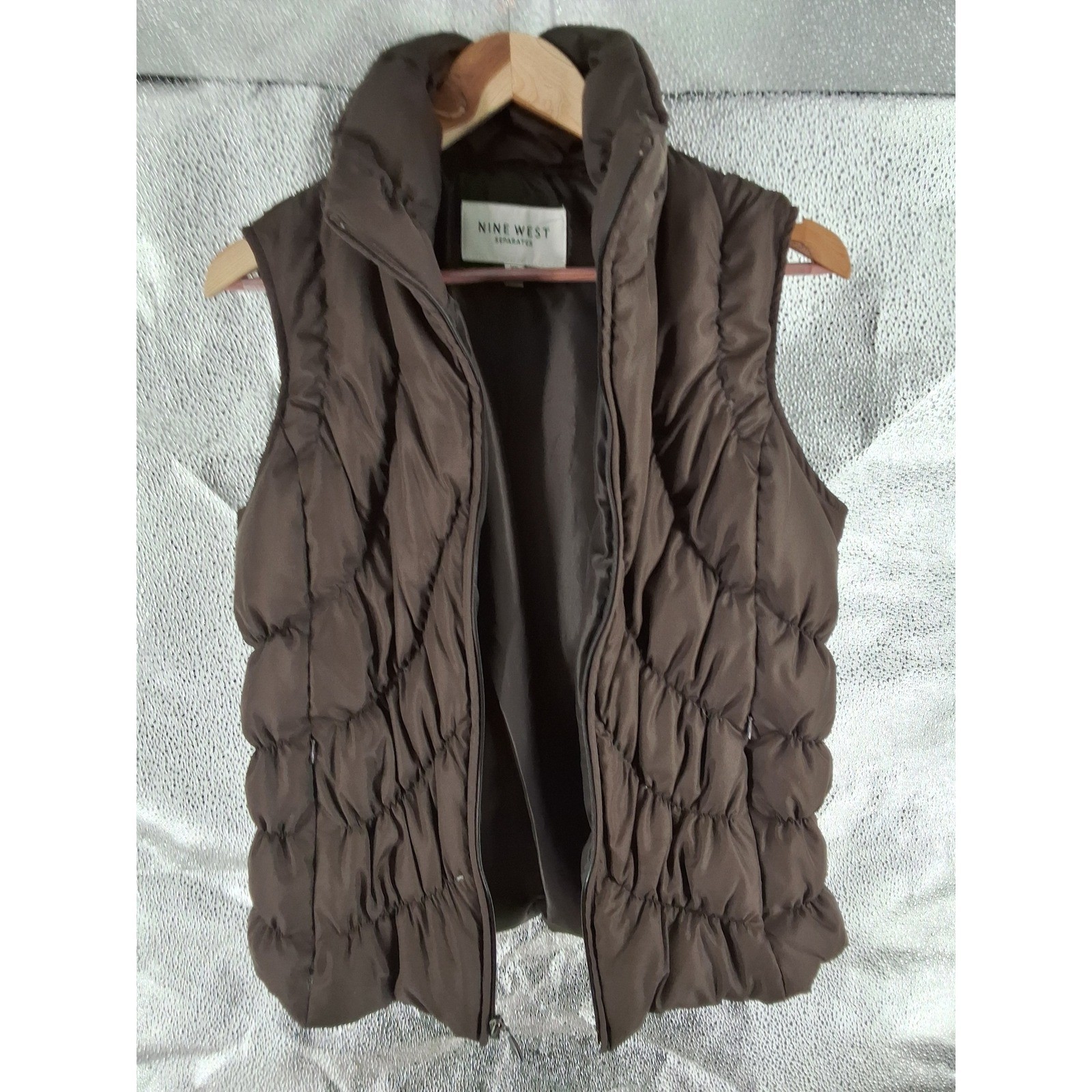 Nine West Separates Brown Chevron Quilted Down Puffer Vest Medium Stand Collar - View 8