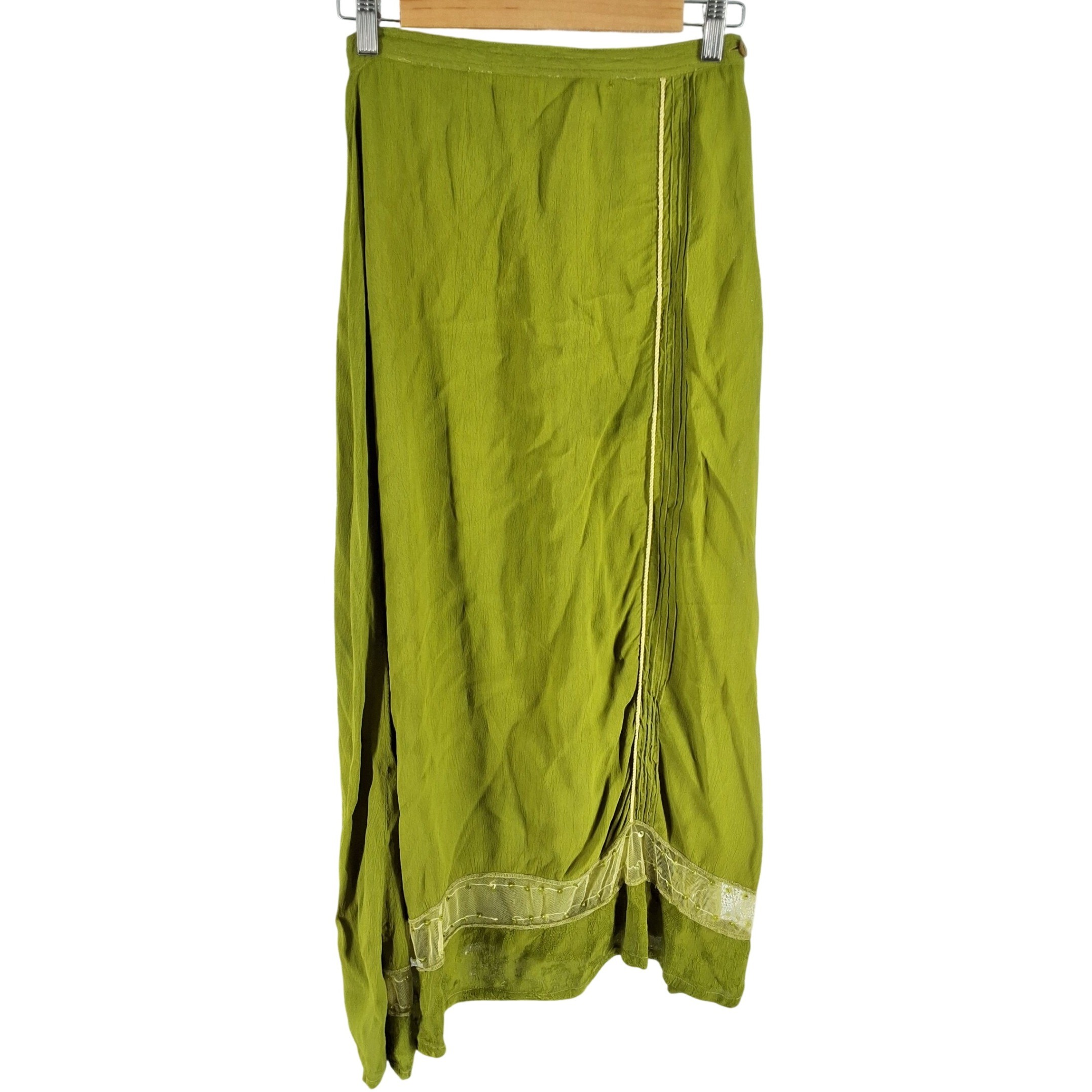 Nataya Green Rayon Maxi Skirt Beaded Mesh Trim Bohemian Vintage Style Size M