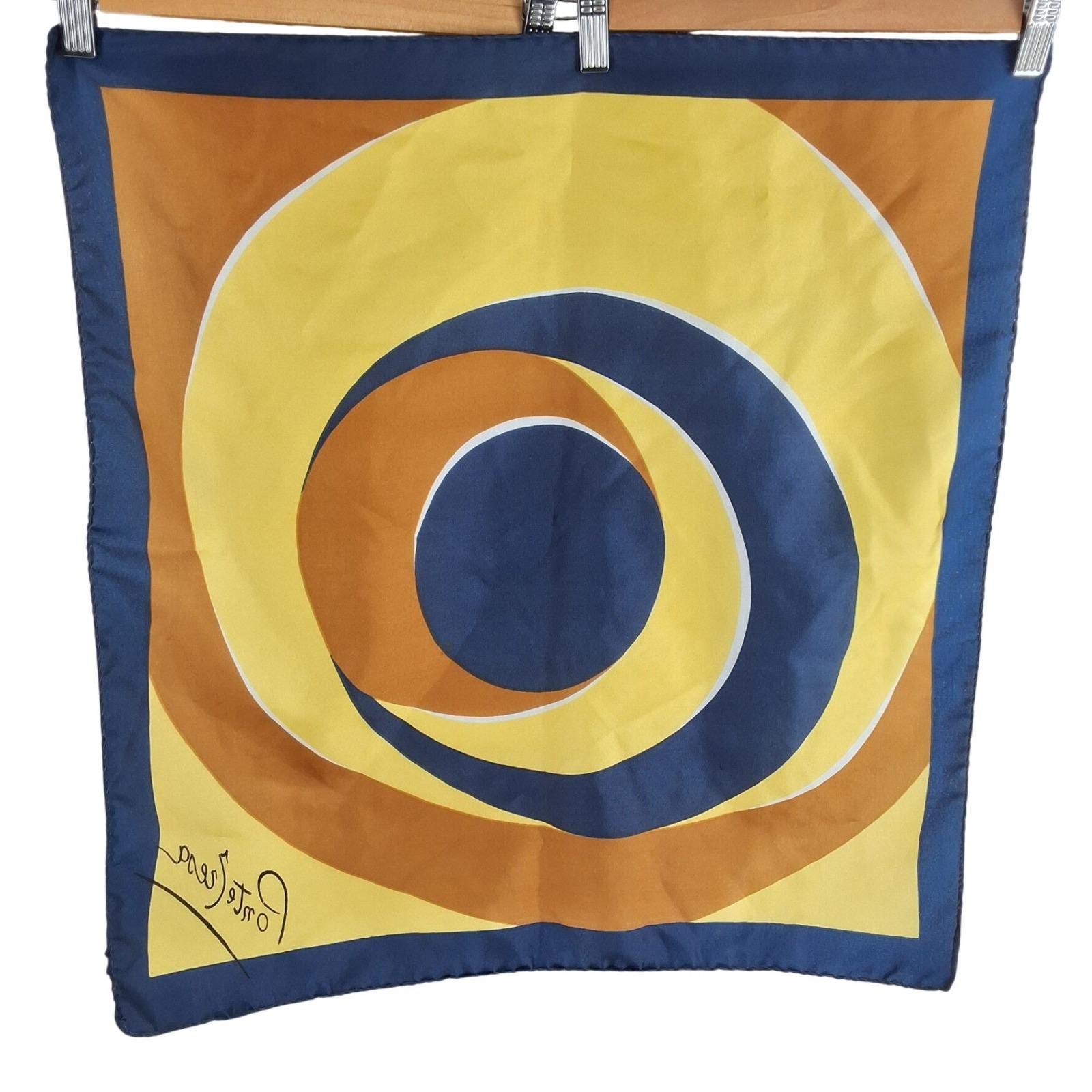 Ponte Tresa Silk Scarf Navy Blue Yellow Geometric Circle MCM Retro Square 22.5" - View 4