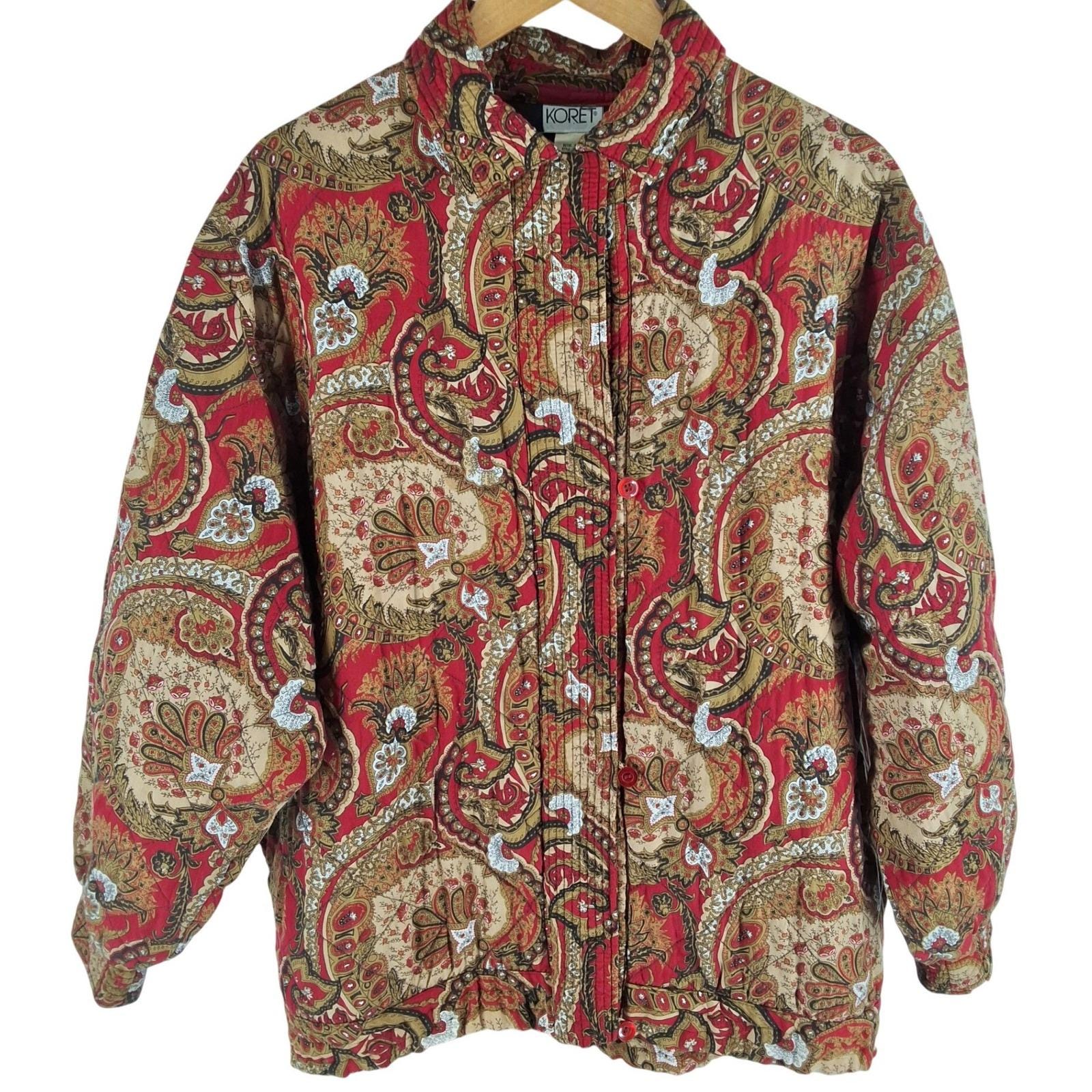 Vintage Koret Red Paisley Quilted Button Front Bomber Jacket Large