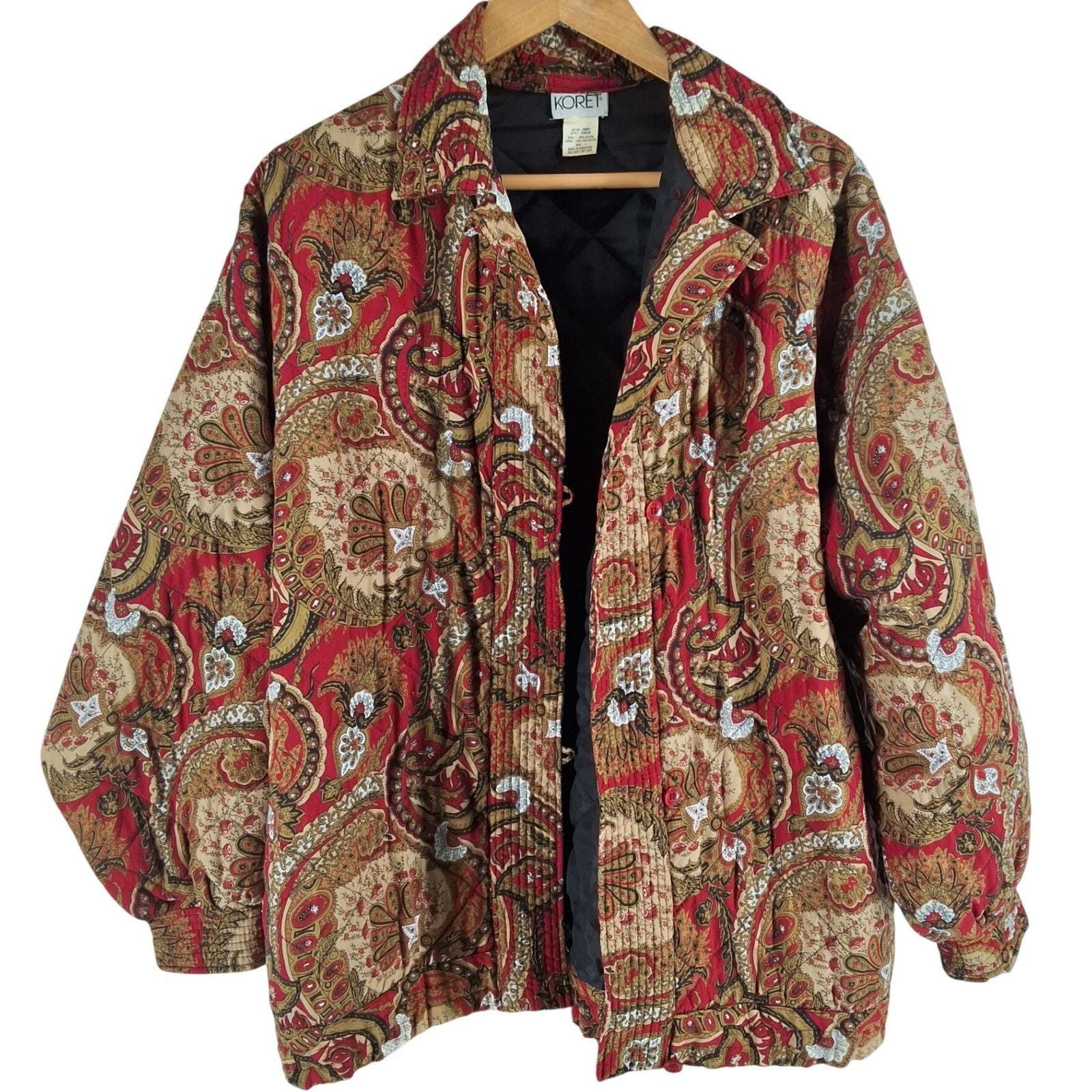 Vintage Koret Red Paisley Quilted Button Front Bomber Jacket Large - View 6