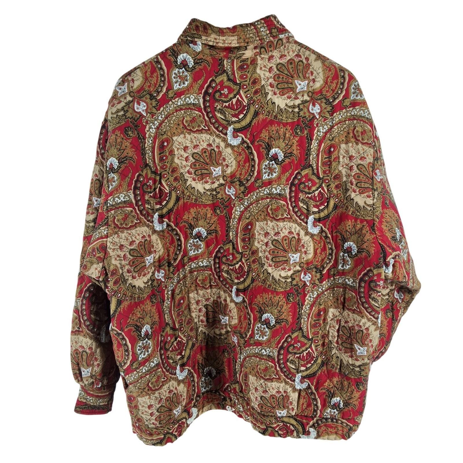 Vintage Koret Red Paisley Quilted Button Front Bomber Jacket Large - View 8
