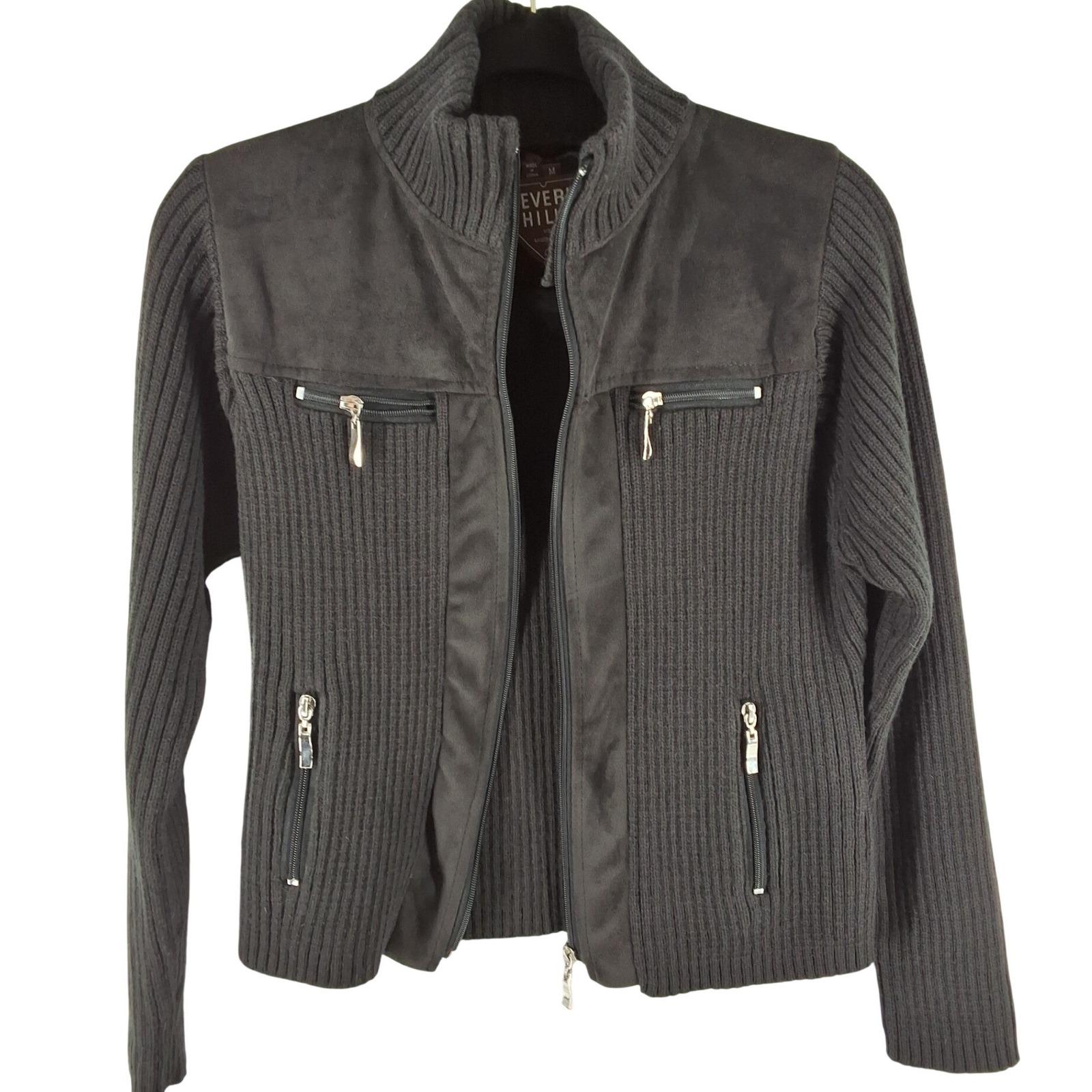 BH Leather Club Mens Black Ribbed Wool Blend Full Zip Sweater Jacket M - View 8