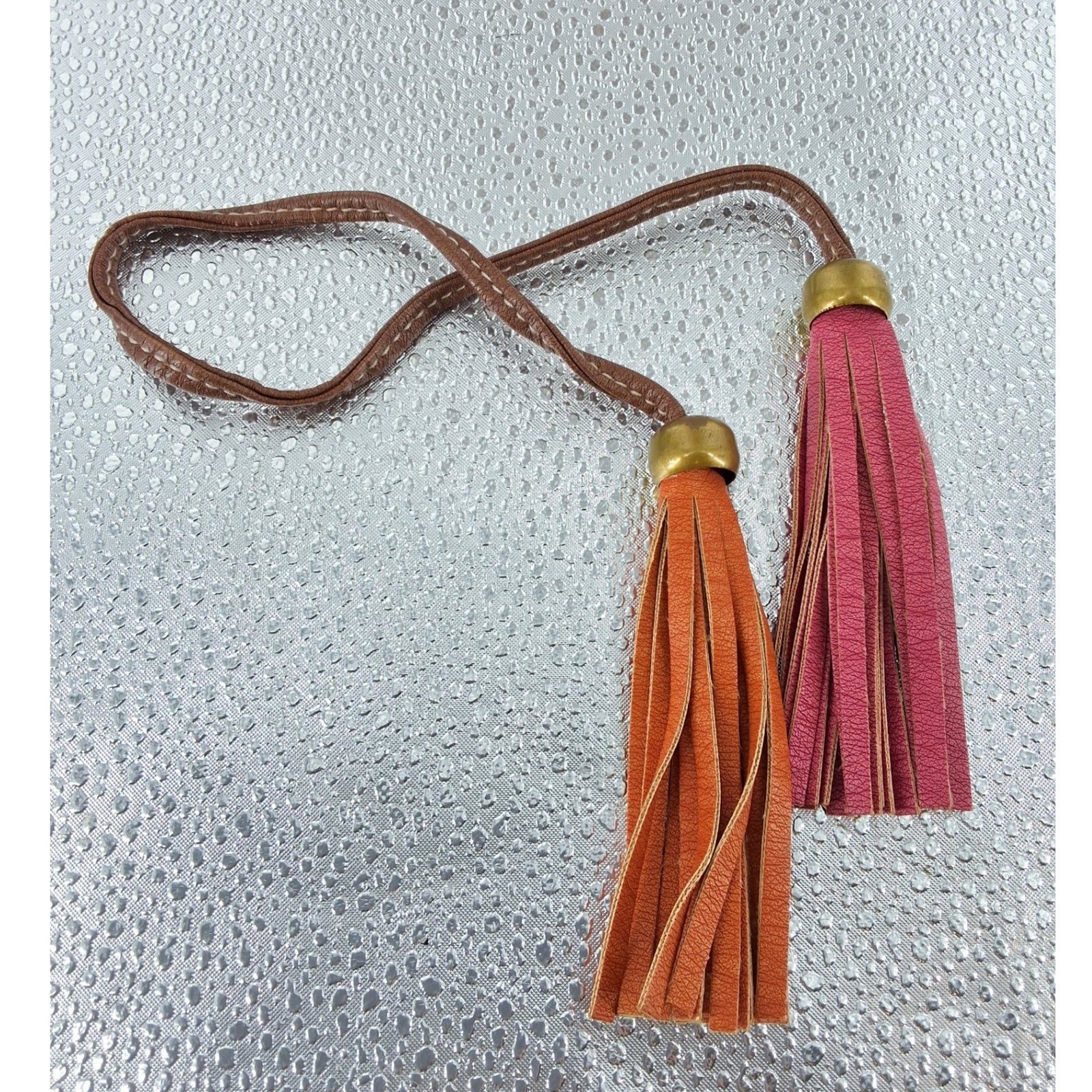 Leather Tassel Bag Charm Belt Accessory Burnt Orange Pink Brass Hardware Boho