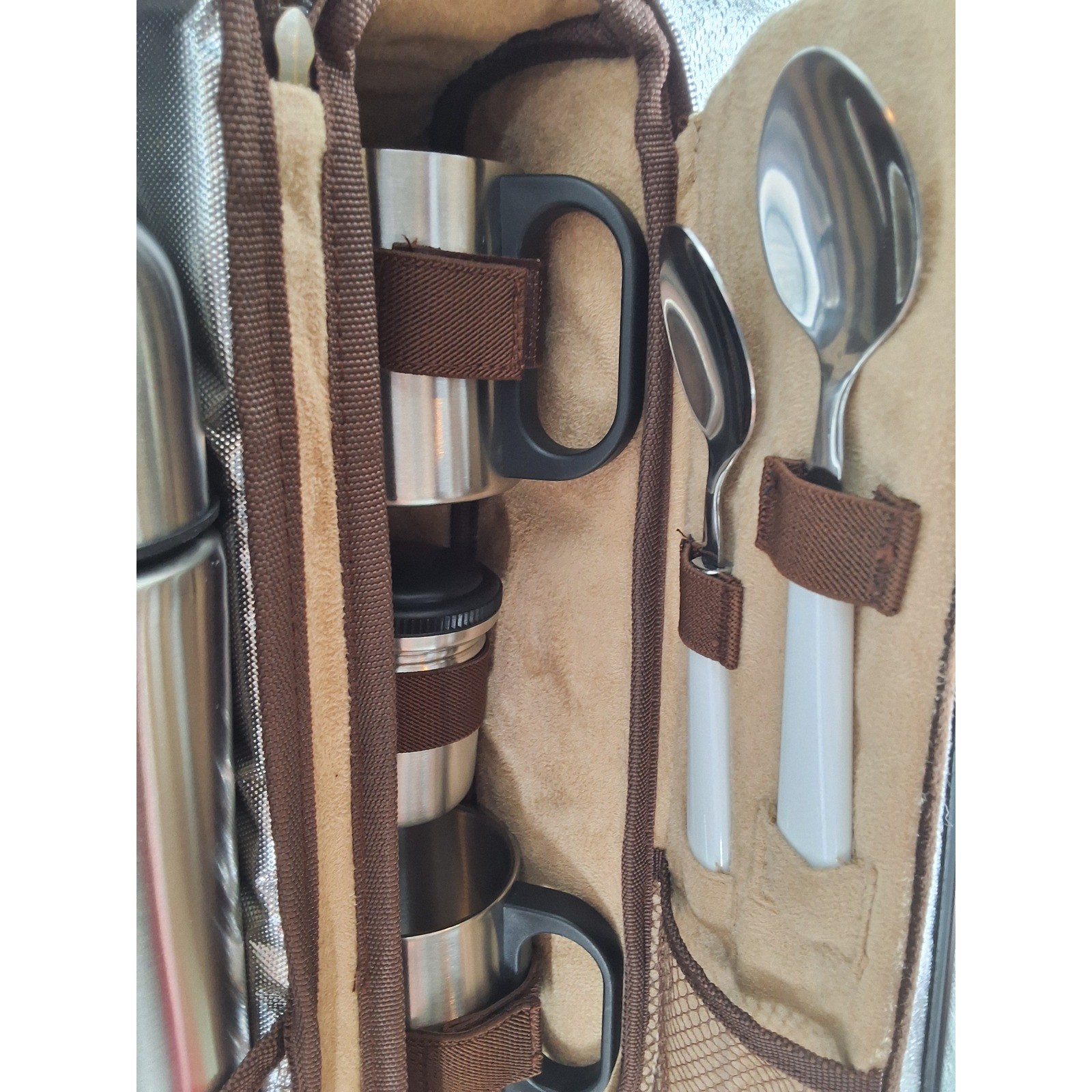 Picnic at Ascot Coffee Tea Travel Set Brown Insulated Case Flask Mugs Spoons - View 8