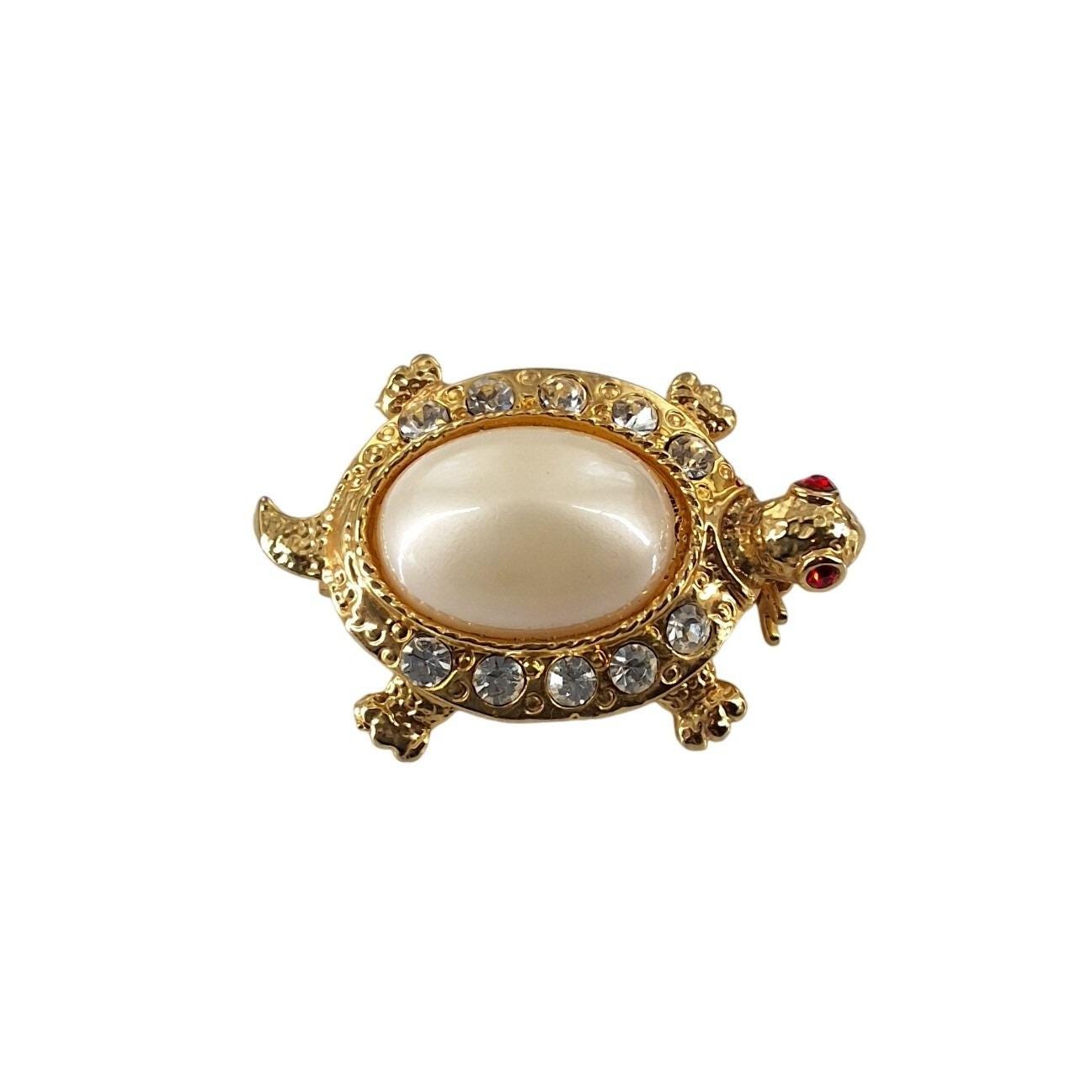Vintage Gold Tone Turtle Brooch Faux Pearl Rhinestone Shell Red Eyes Pin - View 6