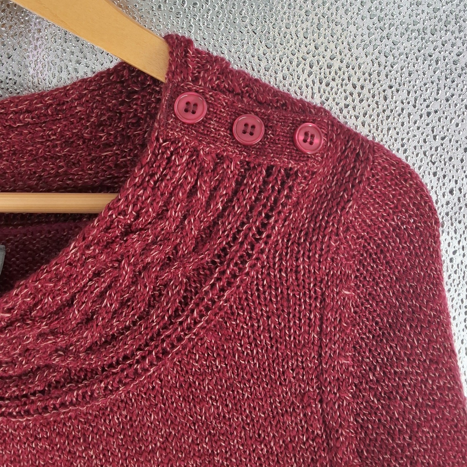 By Design Burgundy Marl Shimmer Knit Sweater Metallic Shoulder Button Scoop M