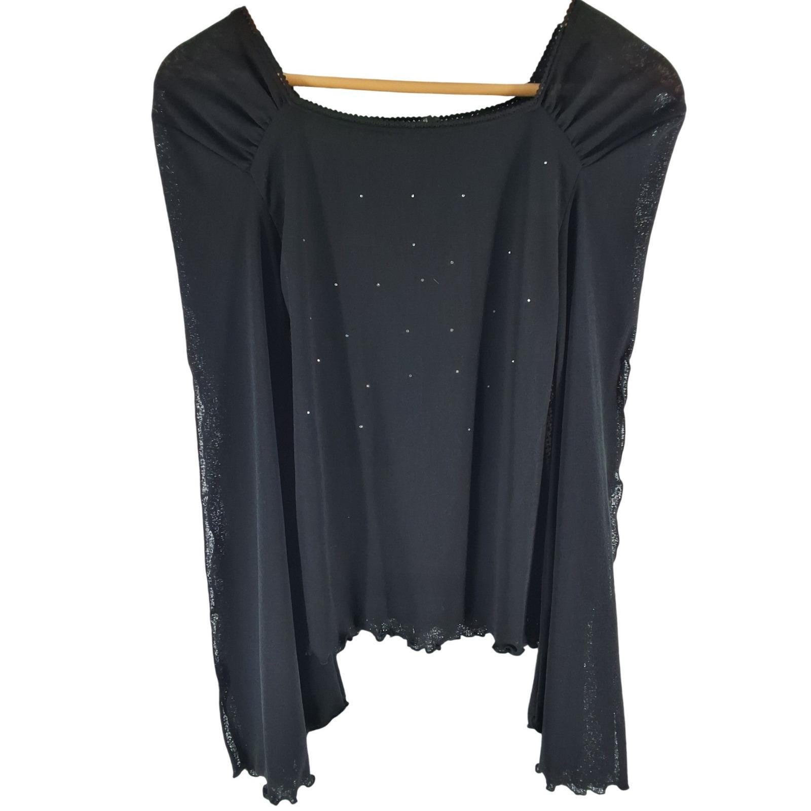 Vintage Y2K Black Rhinestone Top Sheer Glitter Flare Slit Sleeve Lace Trim Small