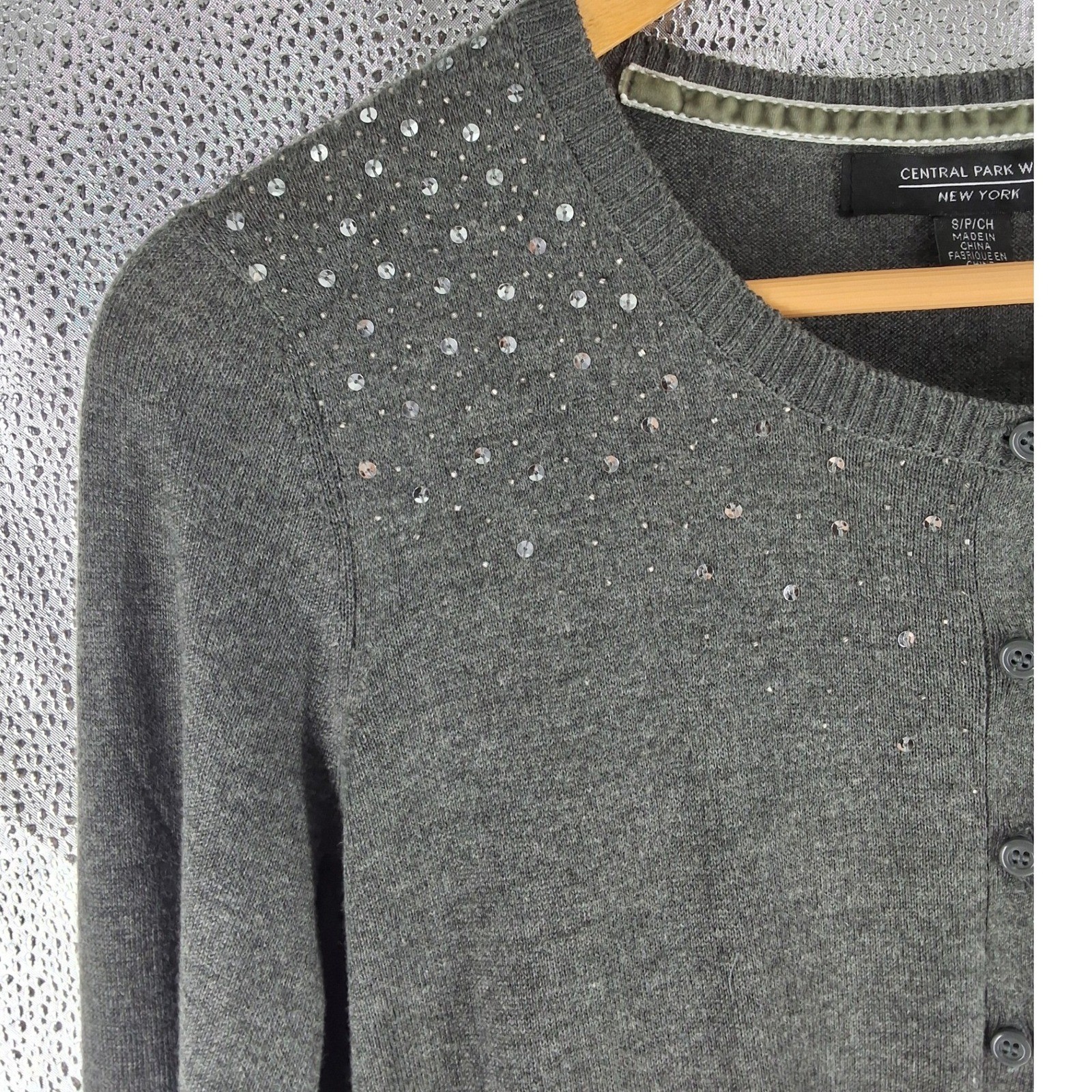 Central Park West Grey Rhinestone Embellished Cardigan Sweater Small - View 3